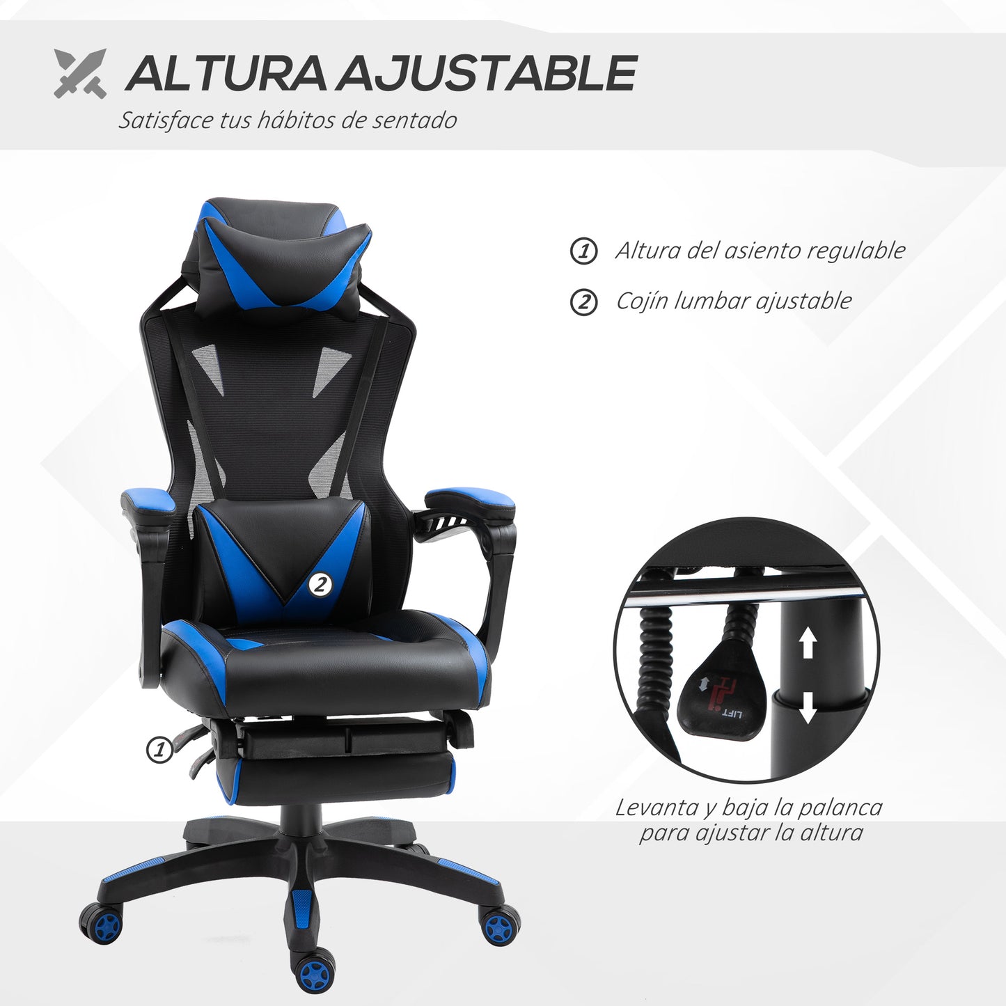 Vinsetto Silla Gaming Ergonómica Silla de Escritorio para Oficina con Altura Ajustable Respaldo Regulable de 170° Almohada Lumbar y Reposapiés Retráctil 65x70x117-125 cm Azul