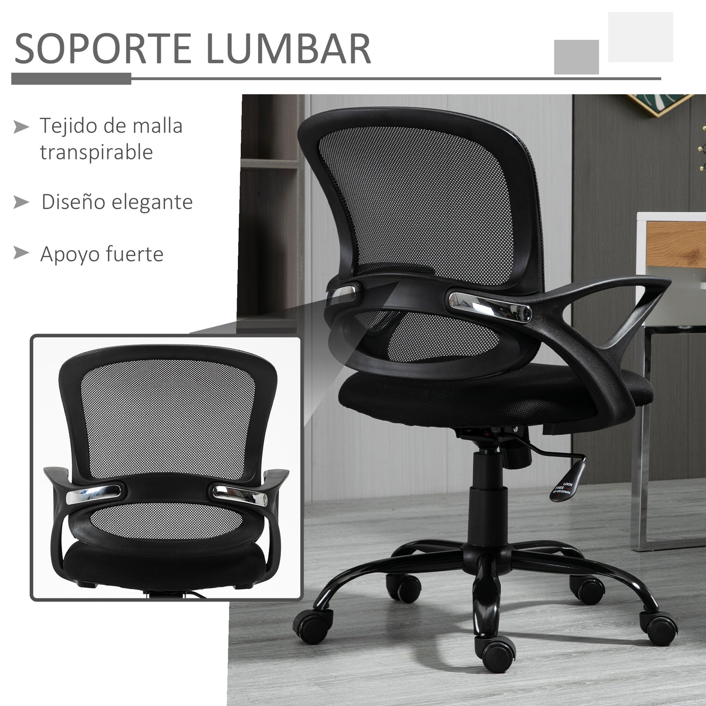 Vinsetto Silla de Oficina Silla de Escritorio Basculante para Adolescentes con Altura Ajustable Asiento Giratorio 360° y Soporte Lumbar Malla Transpirable 61x61x89-99 cm Negro