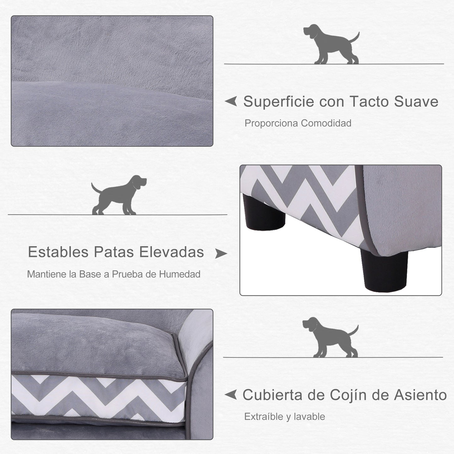 PawHut Sofá para Mascotas con Patas Cama para Perros de Madera con Cojín Acolchado Acogedora Funda Lavable 73,5x41x33 cm Gris