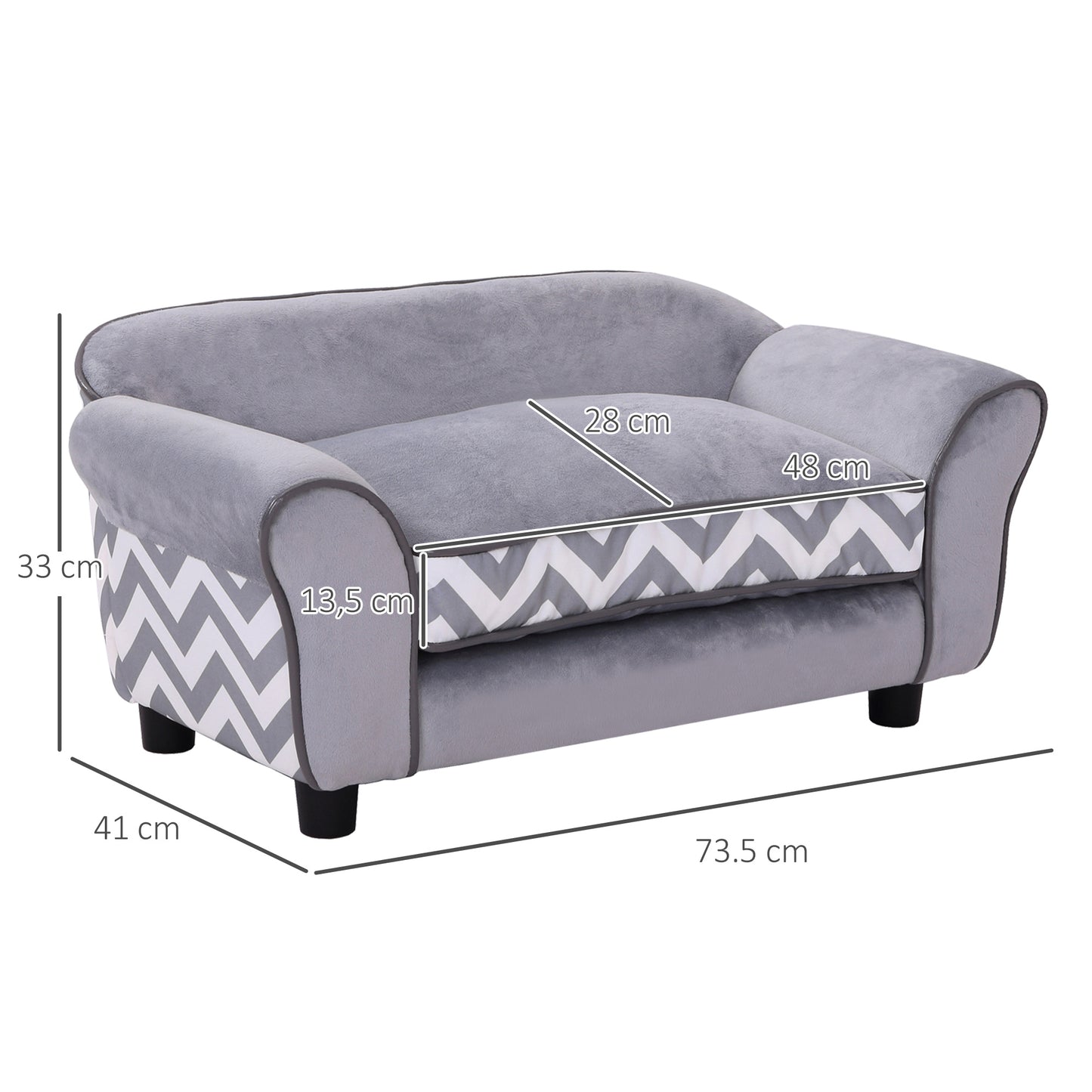 PawHut Sofá para Mascotas con Patas Cama para Perros de Madera con Cojín Acolchado Acogedora Funda Lavable 73,5x41x33 cm Gris