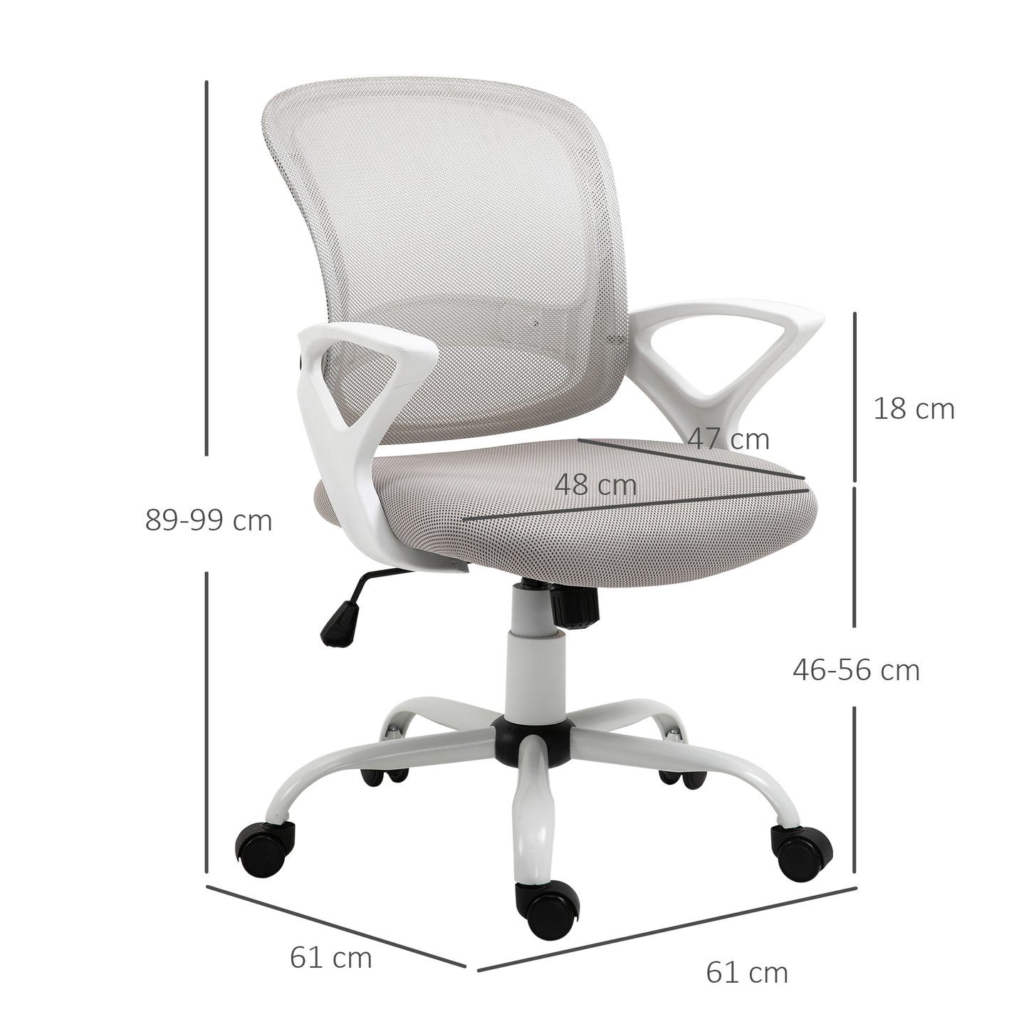 Vinsetto Silla de Oficina Silla de Escritorio Basculante con Altura Ajustable Asiento Giratorio 360° y Soporte Lumbar Malla Transpirable 61x61x89-99 cm Gris