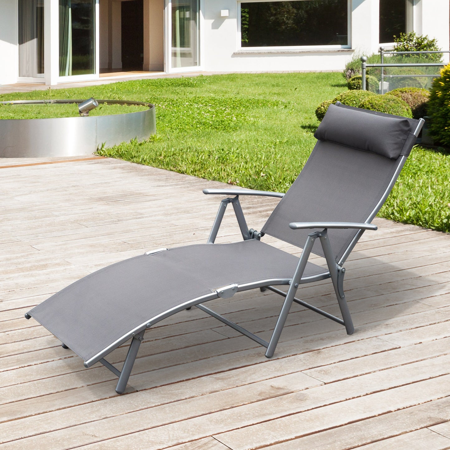 Outsunny Tumbona Plegable Tumbona de Jardín con Respaldo Ajustable en 7 Niveles Almohada y Reposabrazos Carga 165 kg para Piscina Terraza Camping 137x63,5x100,5 cm Gris