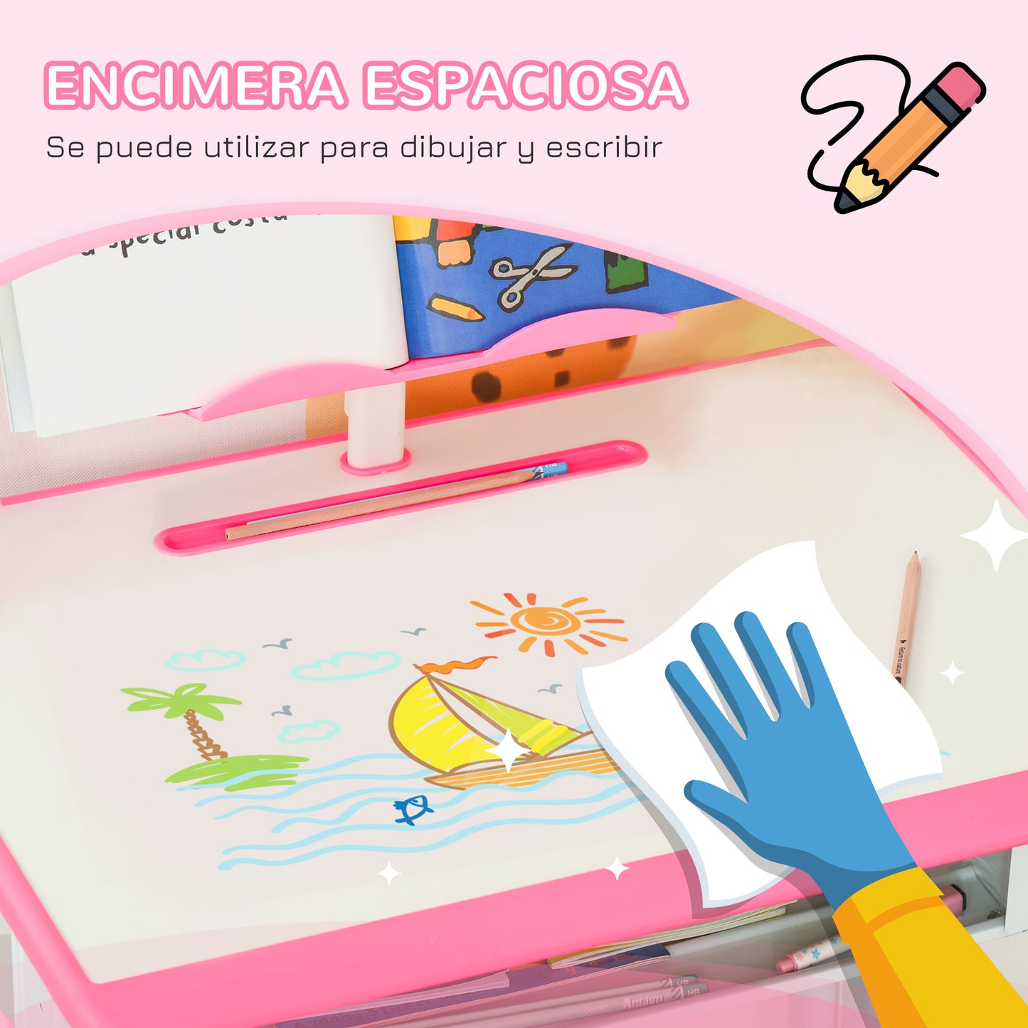 HOMCOM Juego de Escritorio y Silla para Niños de 6-12 Años Pupitre Infantil Altura Ajustable con 1 Cajón 1 Ranura para Lápiz y 1 Estante para Libros Acero 60x45x90-102 cm Rosa