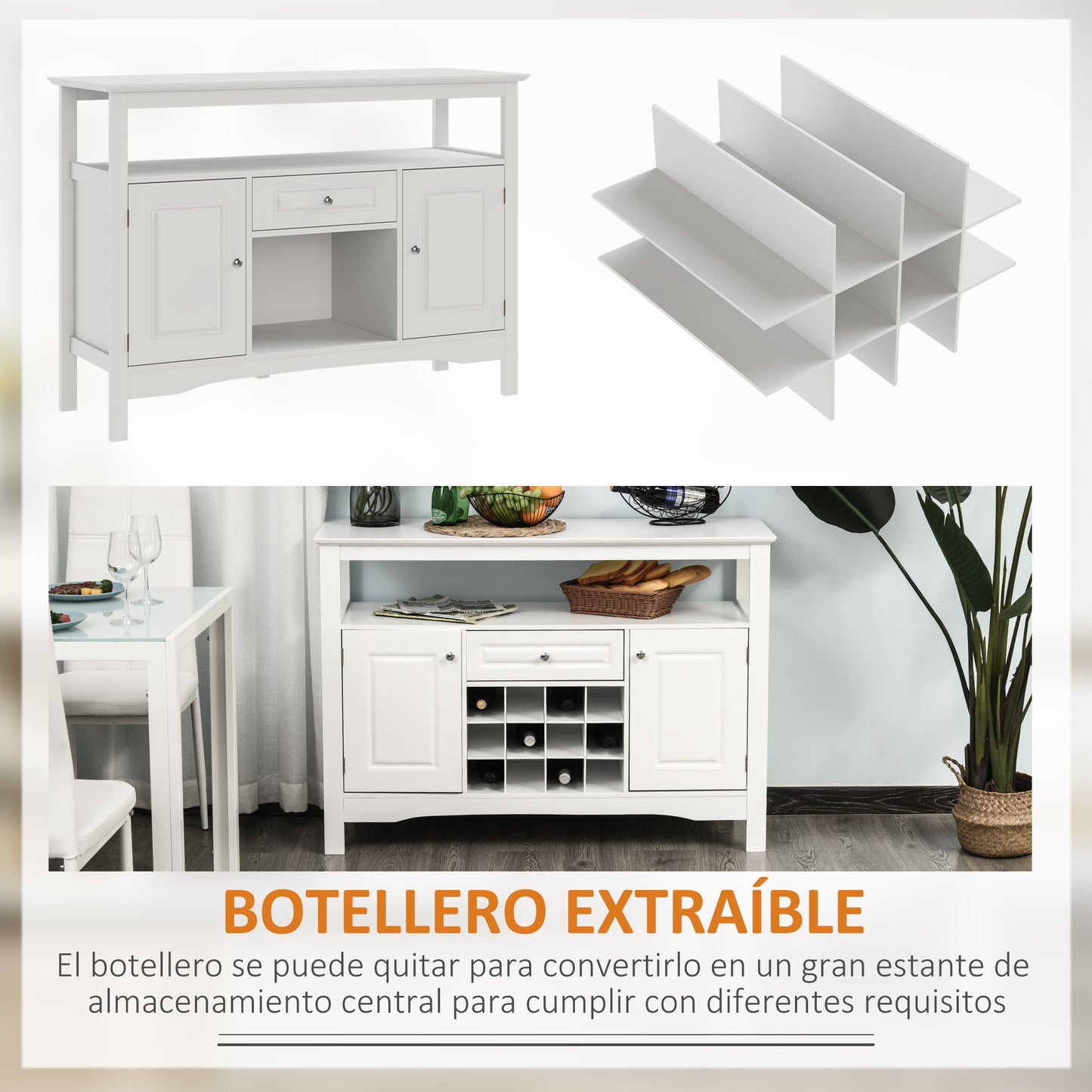 HOMCOM Aparador de Cocina Aparador de Comedor con 1 Cajón 1 Estante Abierto 2 Puertas y Botellero para 12 Botellas Armario de Almacenamiento para Salón 116,5x40x82,5 cm Blanco