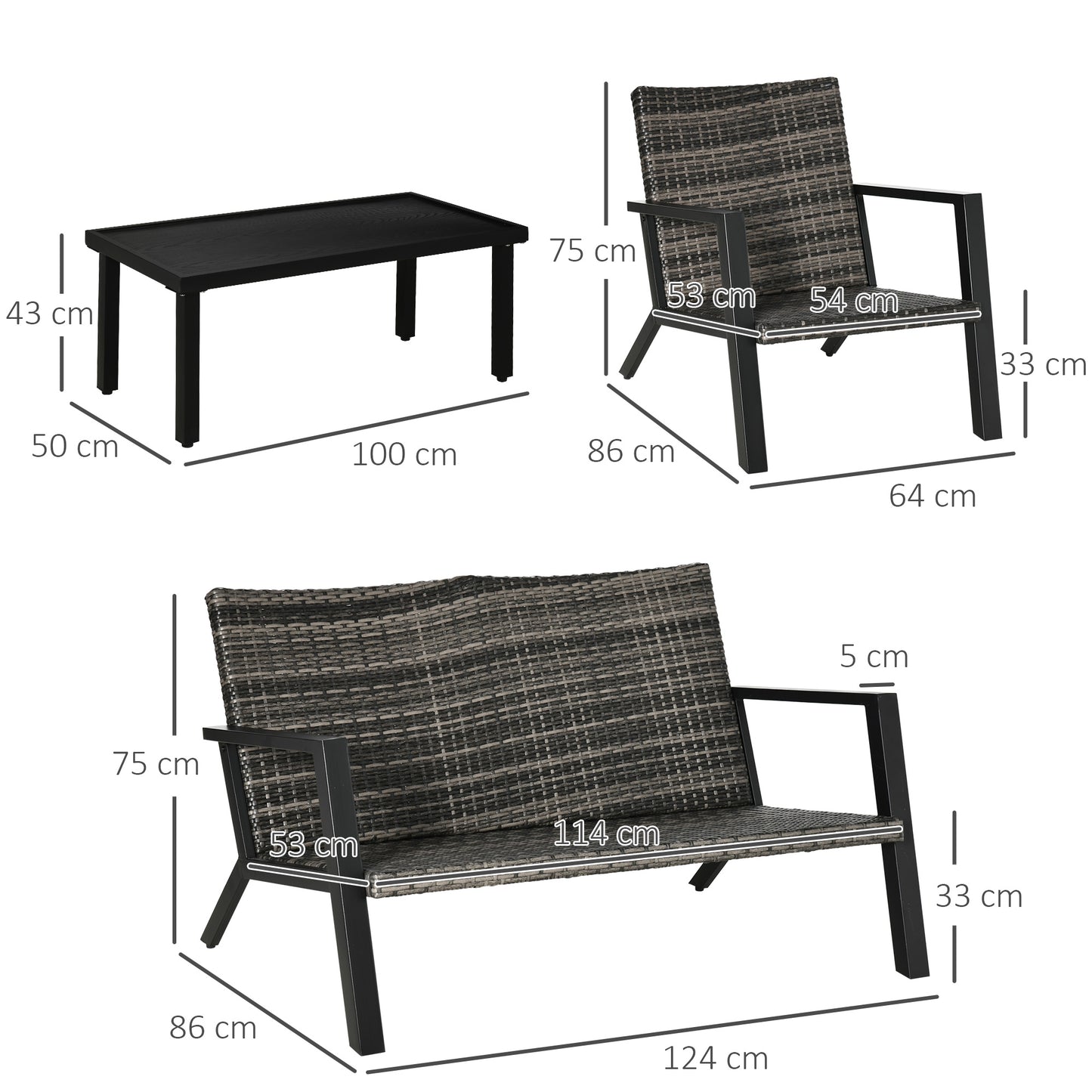 Outsunny Conjunto de Muebles de Jardín de Ratán 4 Piezas Juego de Muebles de Exterior con Sofá de 2 Plazos Sofás Individuales y Mesa de Centro para Terraza Patio Negro