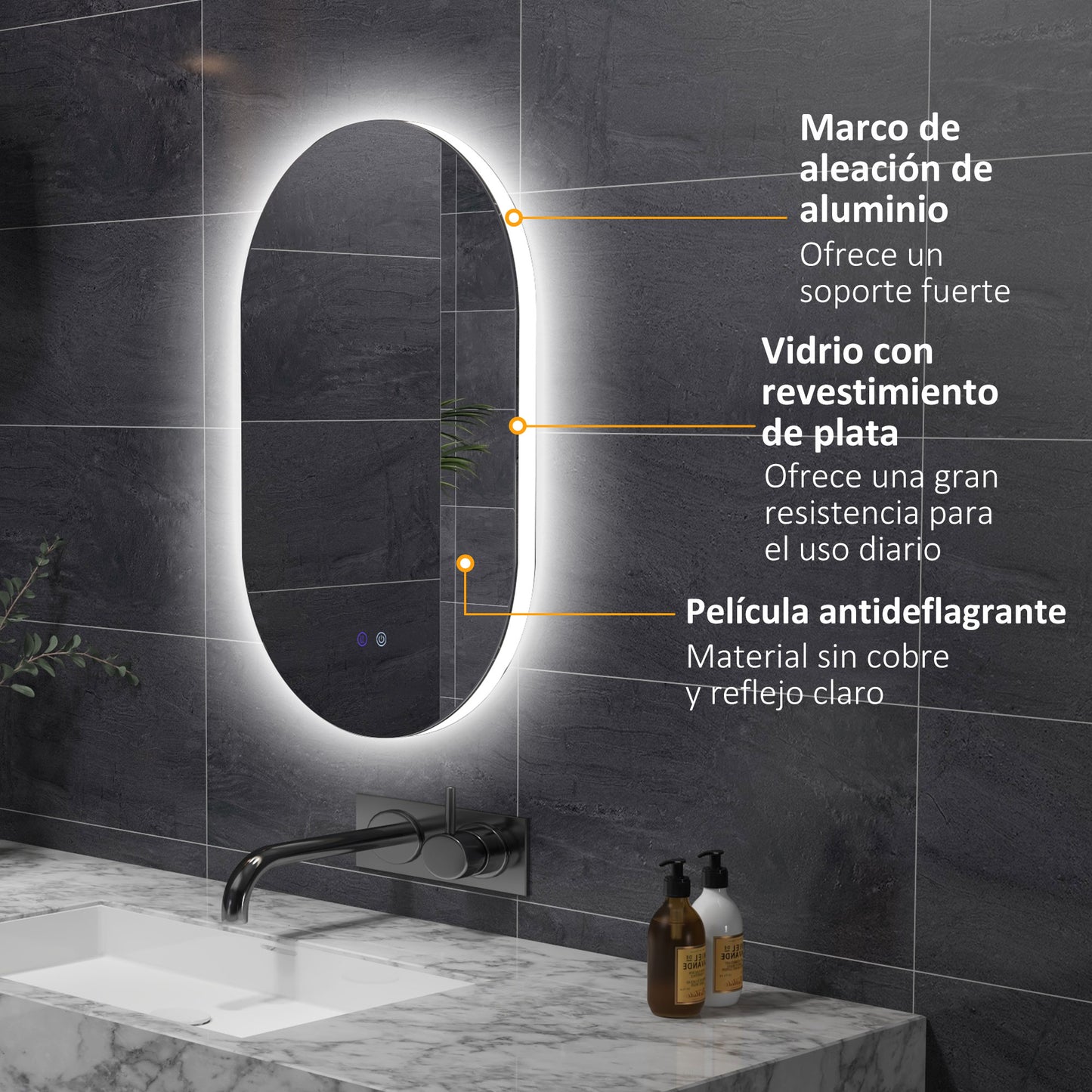 kleankin Espejo de Baño con Luces LED 81x51 cm Espejo de Pared con 3 Colores Ajustables Decoración Acrílica Función Antivaho Interruptor Táctil IP44 Horizontal o Vertical Plata