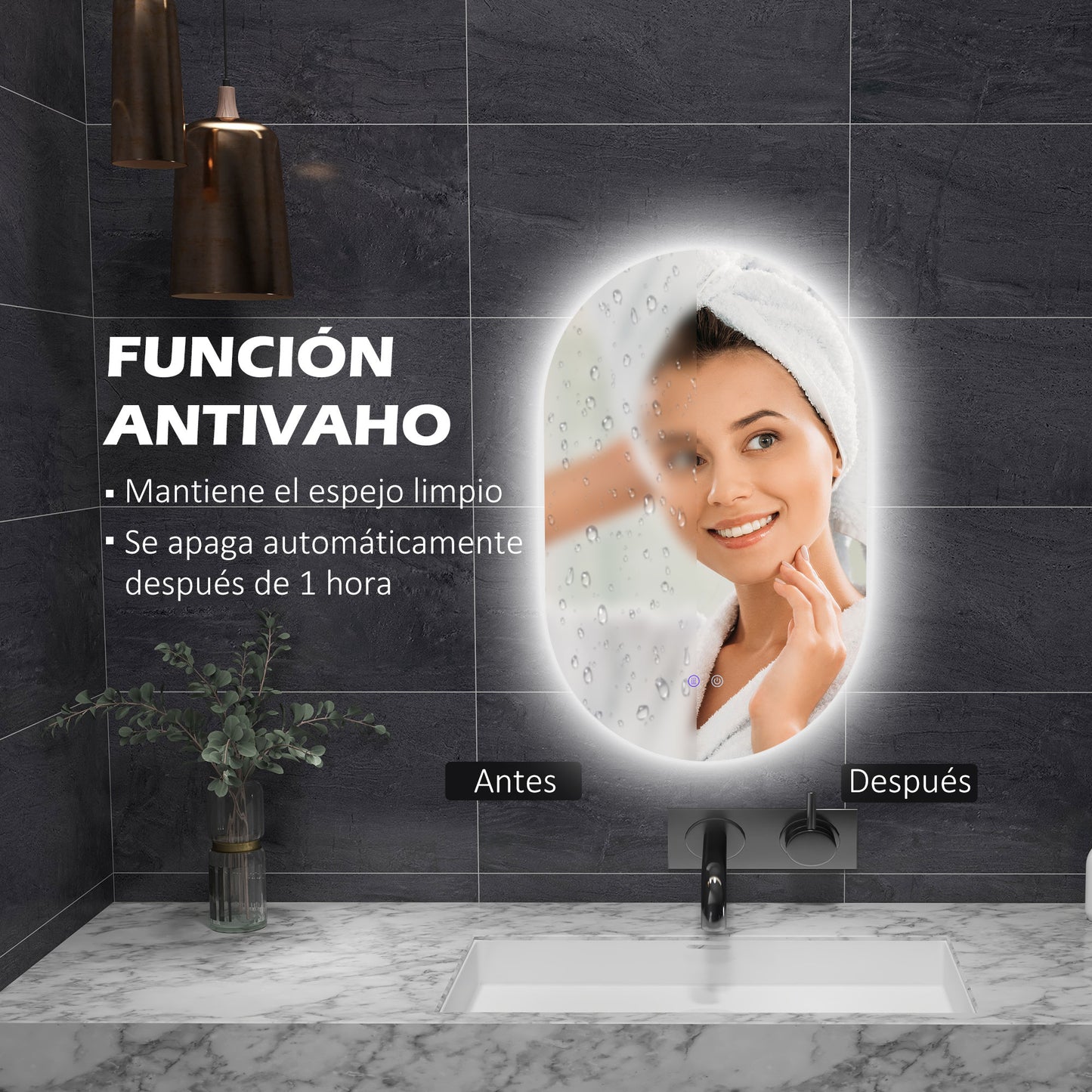 kleankin Espejo de Baño con Luces LED 81x51 cm Espejo de Pared con 3 Colores Ajustables Decoración Acrílica Función Antivaho Interruptor Táctil IP44 Horizontal o Vertical Plata