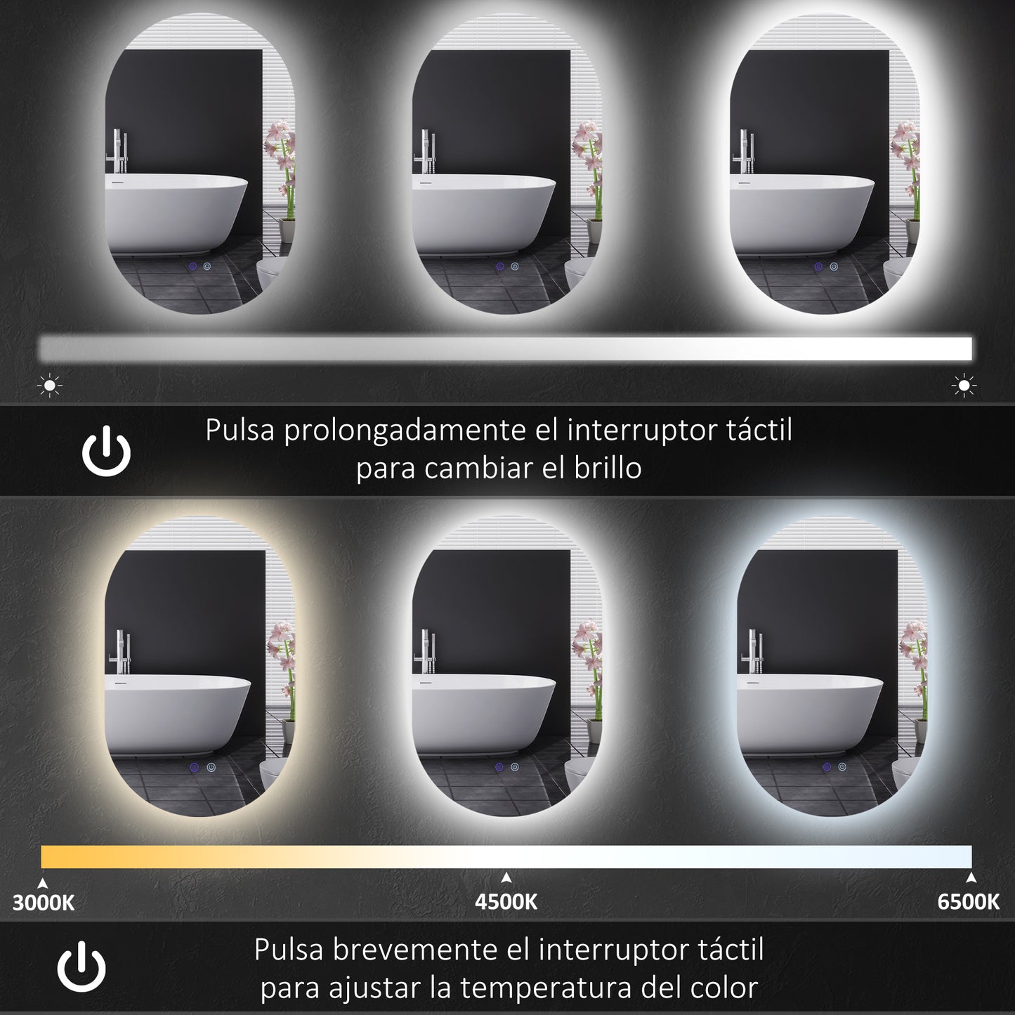 kleankin Espejo de Baño con Luces LED 81x51 cm Espejo de Pared con 3 Colores Ajustables Decoración Acrílica Función Antivaho Interruptor Táctil IP44 Horizontal o Vertical Plata