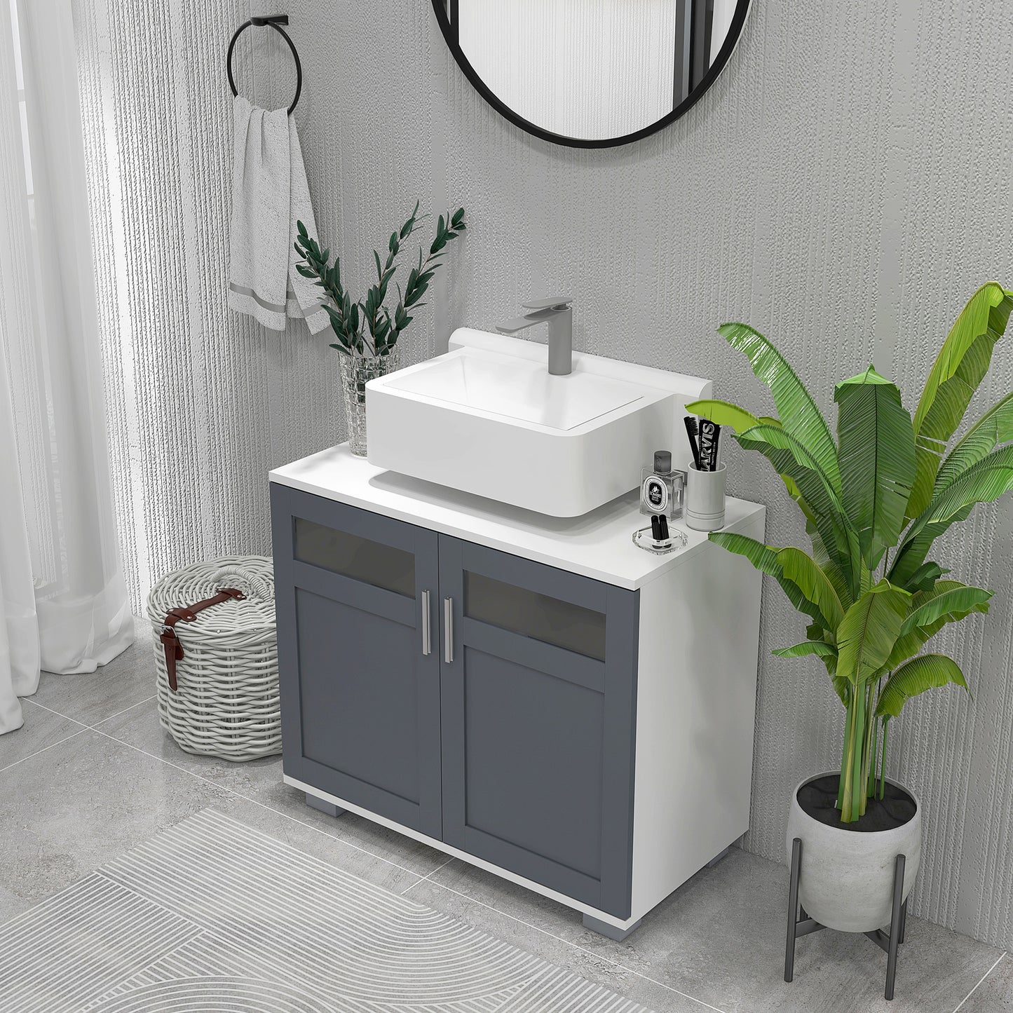 kleankin Mueble para Debajo del Lavabo Armario Bajo Lavabo con 2 Puertas de Vidrio Templado y Estante Ajustable 69x35x59 cm Blanco y Gris