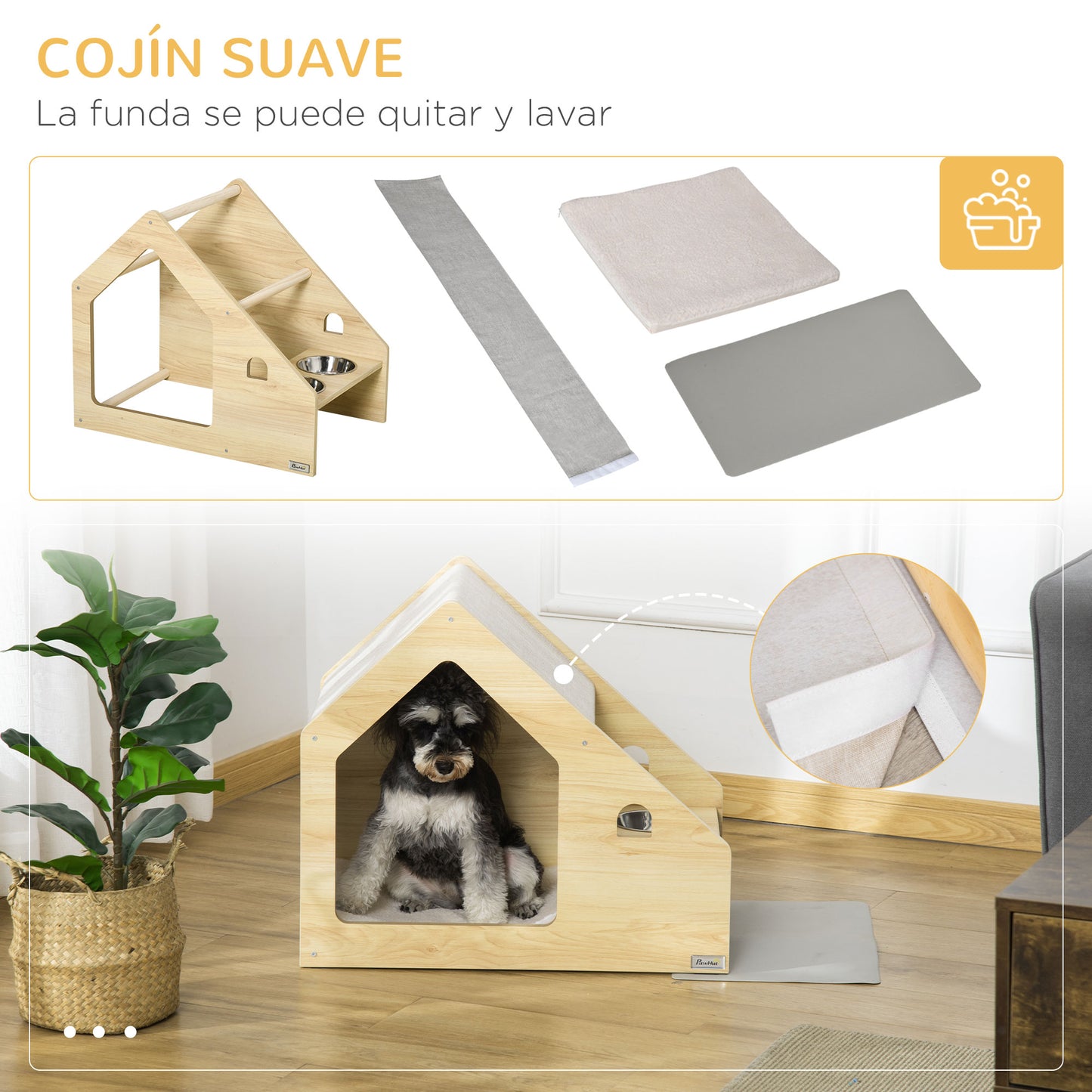 PawHut Caseta para Perros de Madera Cama de Interior para Cachorros con Comedero 2 Cuencos de Acero Inoxidable y Cojín Suave Desenfundable 62x40x54 cm Roble y Gris