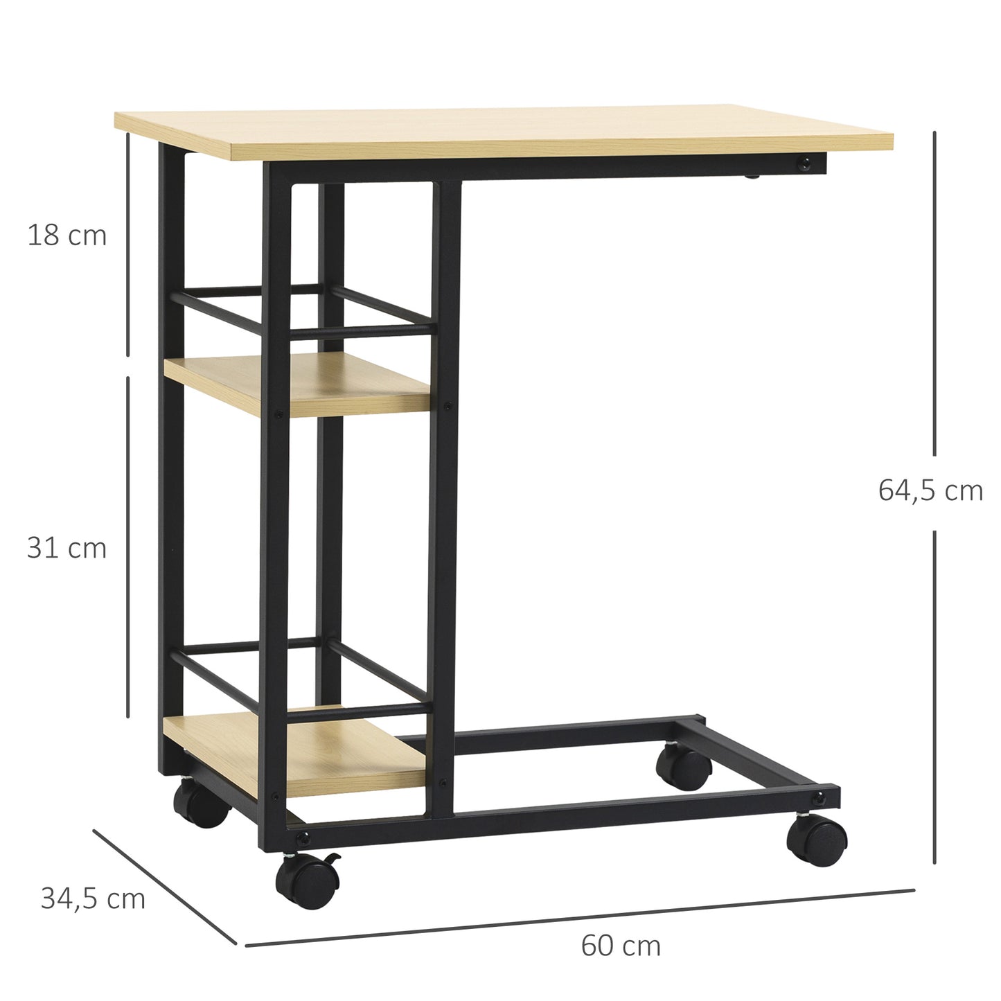 HOMCOM Mesa Auxiliar con Ruedas Mesa Lateral en Forma de C para Sofá Cama con 2 Estantes y Frenos para Dormitorio Salón Estilo Moderno 60x34,5x64,5 cm Natural