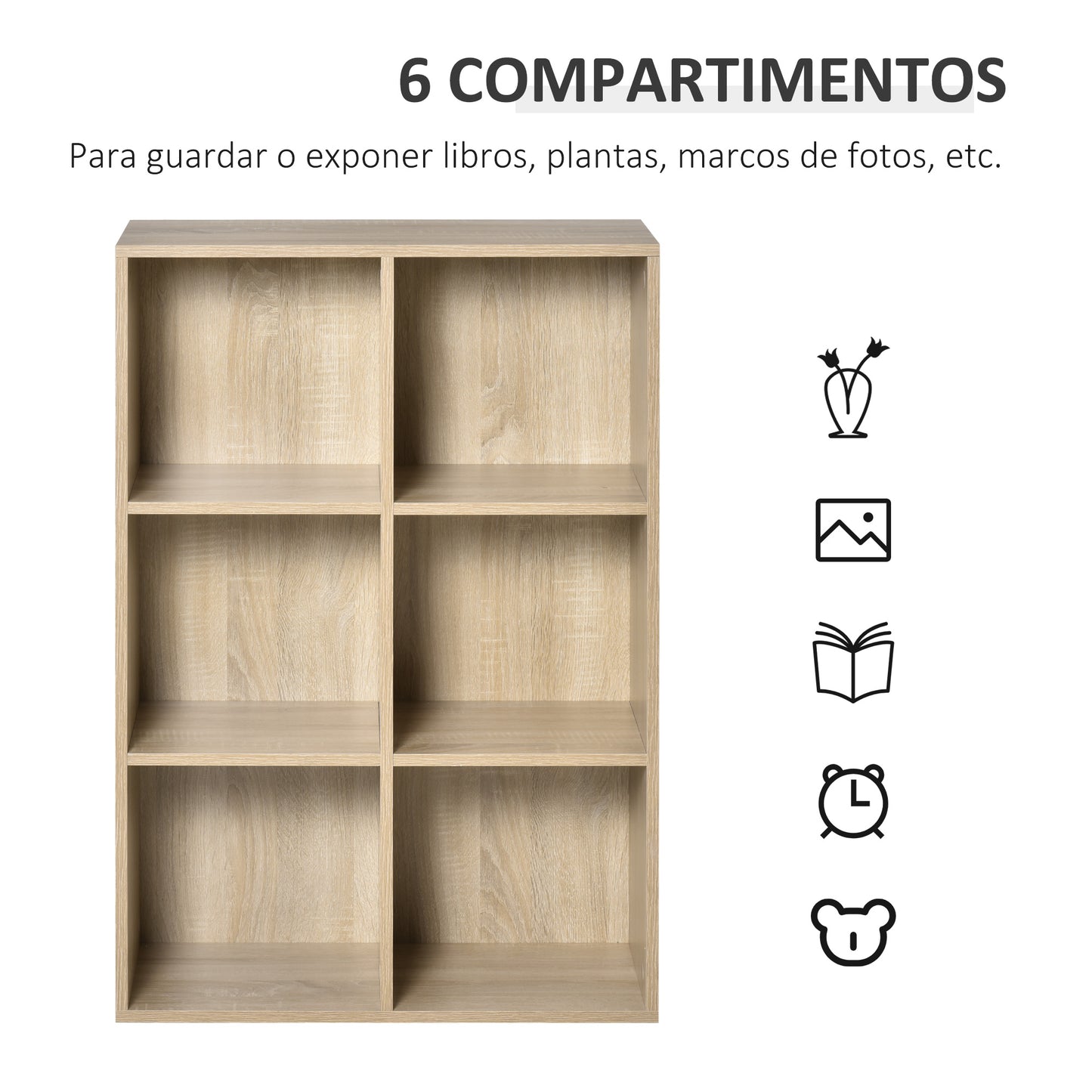 HOMCOM Estantería para Libros Estantes de Madera de 3 Niveles con 6 Cubos de Almacenaje para Sala de Estar Dormitorio Oficina 65,5x30x97,5 cm Roble