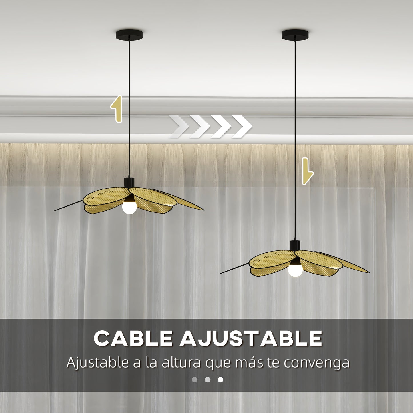 HOMCOM Lámpara Colgante Forma de Flores Lámpara de Techo de Ratán Sintético Iluminación de Techo E27 con Cable Ajustable para Salón Cocina Comedor Ø68x115 cm Natural