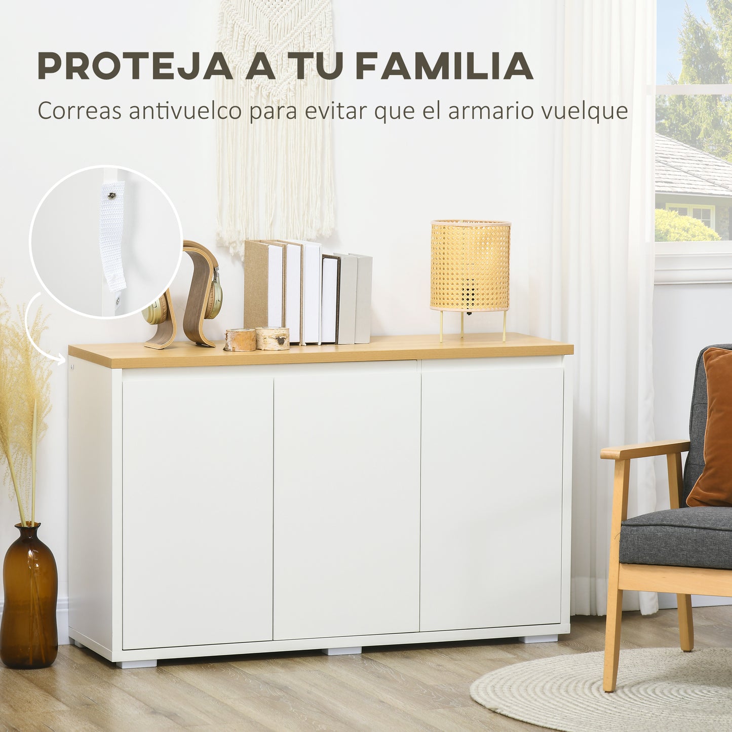 HOMCOM Aparador de Salón Armario de Almacenamiento Mueble Auxiliar de Cocina con 3 Puertas y Estantes Ajustables para Comedor Entrada 120x37x75 cm Blanco