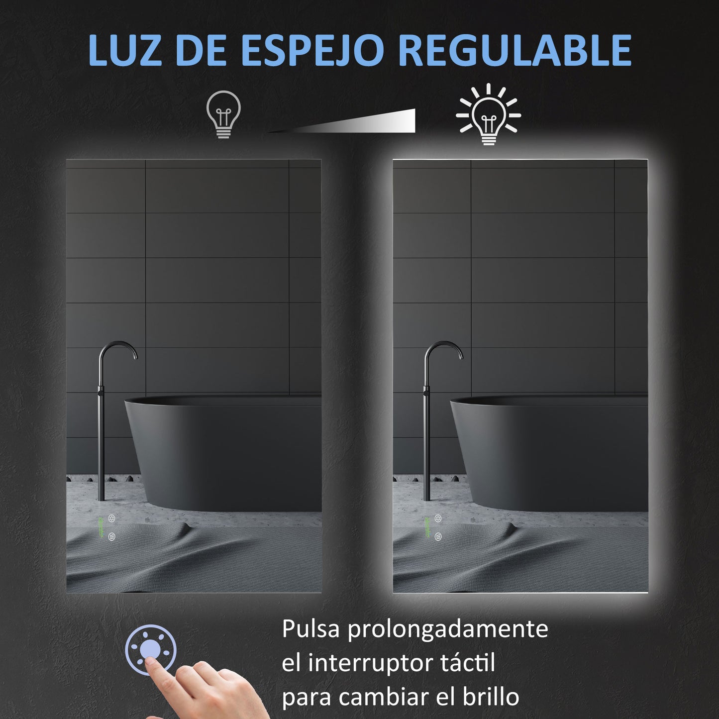 kleankin Espejo de Baño con Luz LED Espejo de Pared Antivaho 90x60 cm Interruptor Táctil 3 Luces Ajustable Función de Memoria y Marco de Aluminio Suspensión Vertical u Horizontal Plata