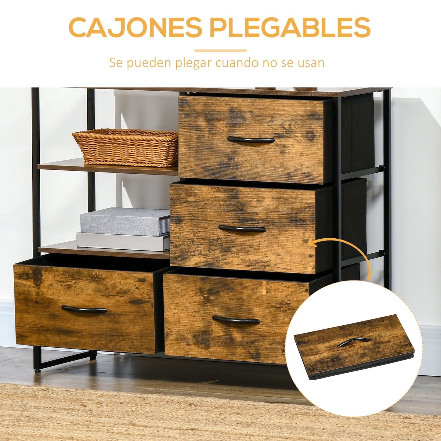 HOMCOM Cómoda Cajonera Cómoda de Madera con 4 Cajones de Tela Plegable y Estante Abierto para Salón Oficina Dormitorio Estilo Industrial Antivuelco 84x30x71,5 cm Marrón Rústico