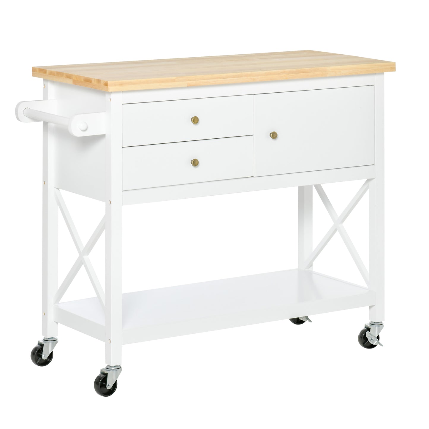 HOMCOM Carrito Auxiliar con Ruedas Carro de Cocina Carro Multiusos con 2 Cajones Puerta Estante Inferior y Asa Lateral 108x45x89 cm Blanco