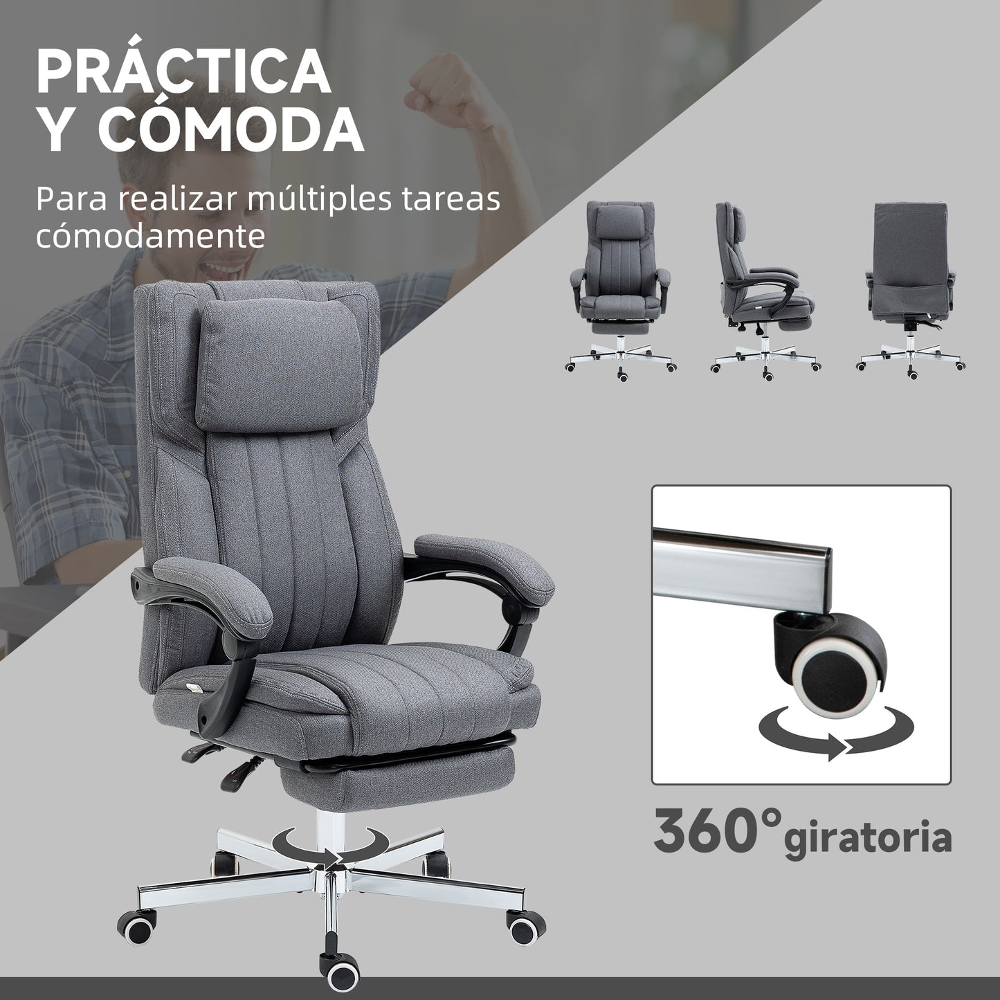 Vinsetto Silla de Masaje con 6 Puntos de Masaje Silla de Oficina Giratoria Silla de Escritorio Reclinable con Altura Ajustable Control Remoto Reposapiés y Reposacabezas Gris