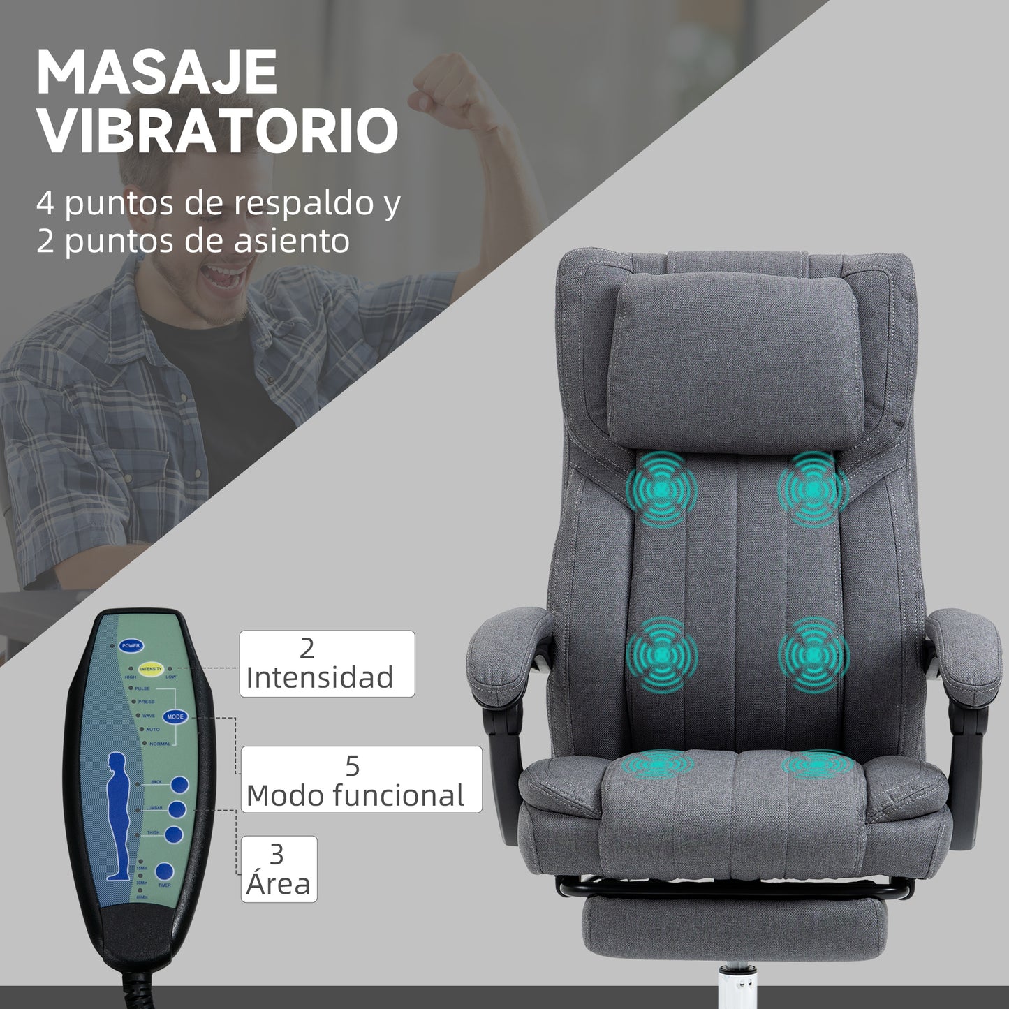 Vinsetto Silla de Masaje con 6 Puntos de Masaje Silla de Oficina Giratoria Silla de Escritorio Reclinable con Altura Ajustable Control Remoto Reposapiés y Reposacabezas Gris