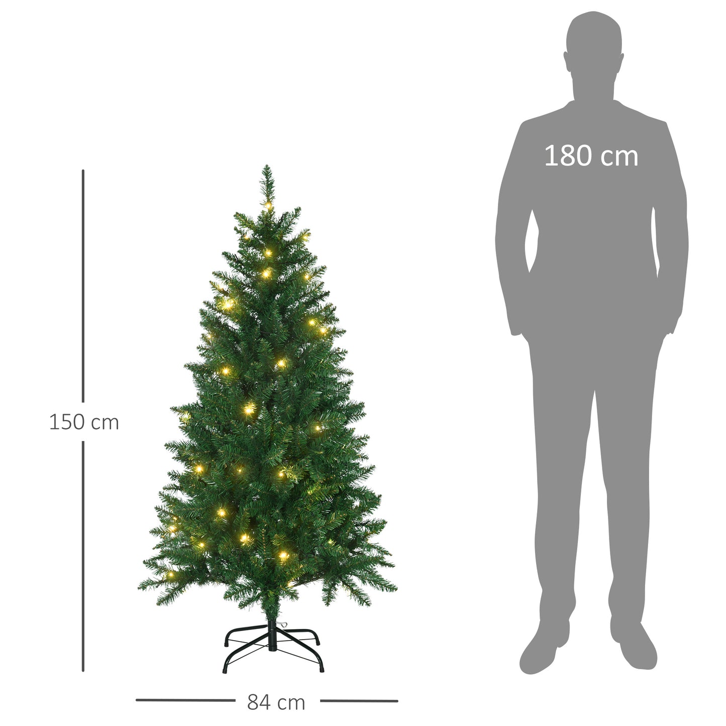 HOMCOM Árbol de Navidad Artificial Altura 150 cm Ignífugo con 502 Ramas 150 Luces LED IPX2 8 Modos Hojas de PVC Base Plegable y Soporte Metálico Decoración Navideña para Interiores Verde