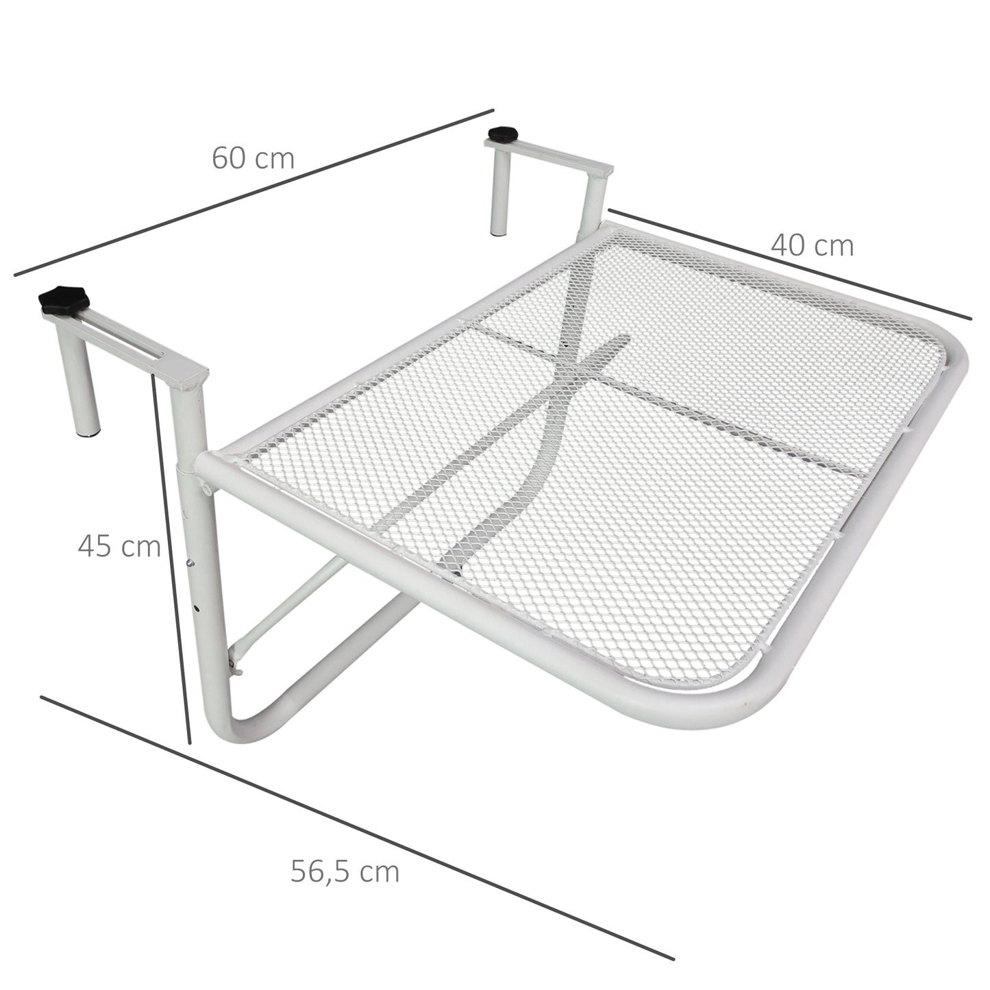 Outsunny Mesa Colgante de Balcón con Brazo Regulable y Altura Ajustable en 3 Posiciones Marco Metálico Carga Máx. 30 kg 60x56,5x45 cm Blanco