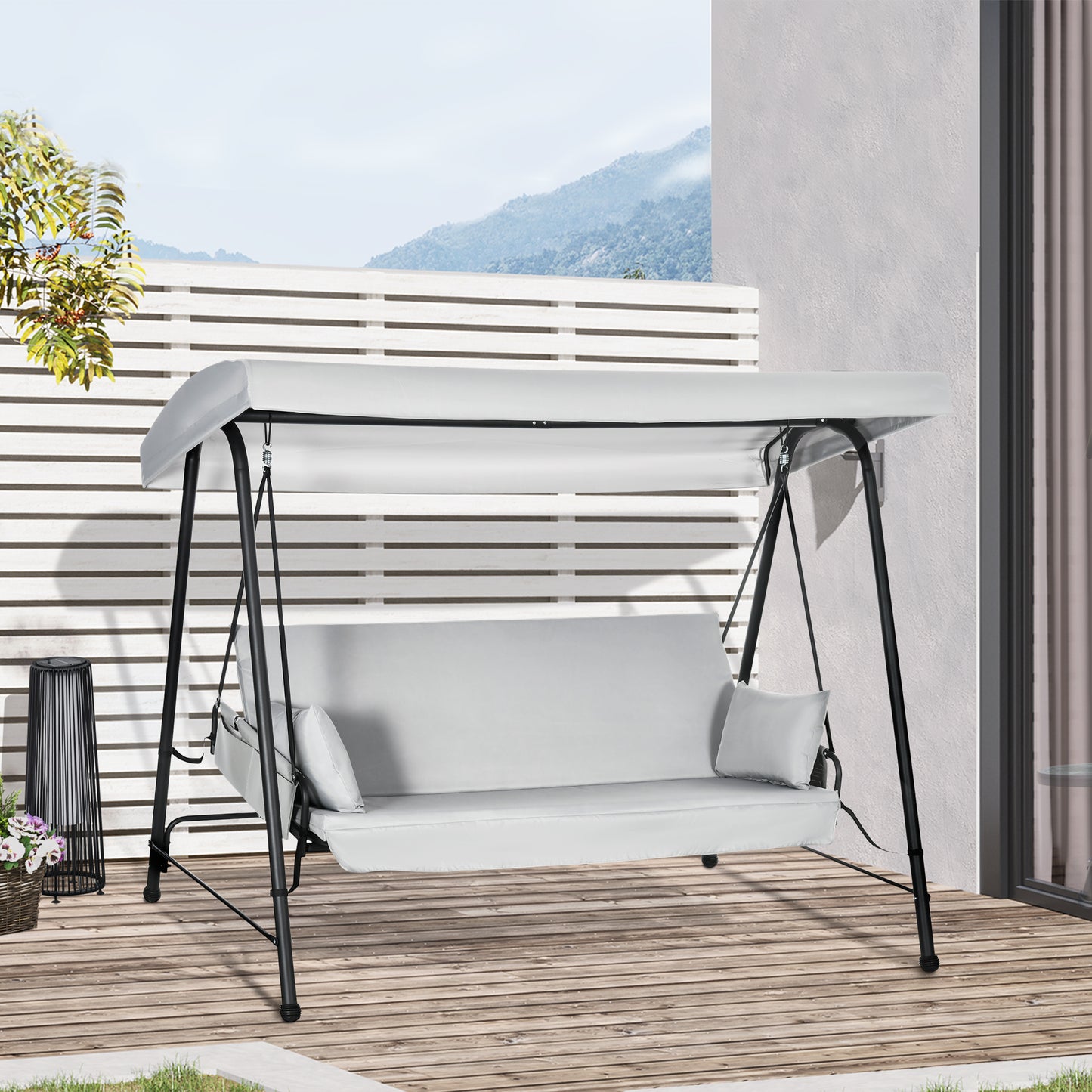 Outsunny Columpio de Jardín de 3 Plazas Banco Balancín Convertible en Cama Toldo Reclinable 2 Cojines 2 Bolsillos Marco de Acero 236x138x185 cm Gris