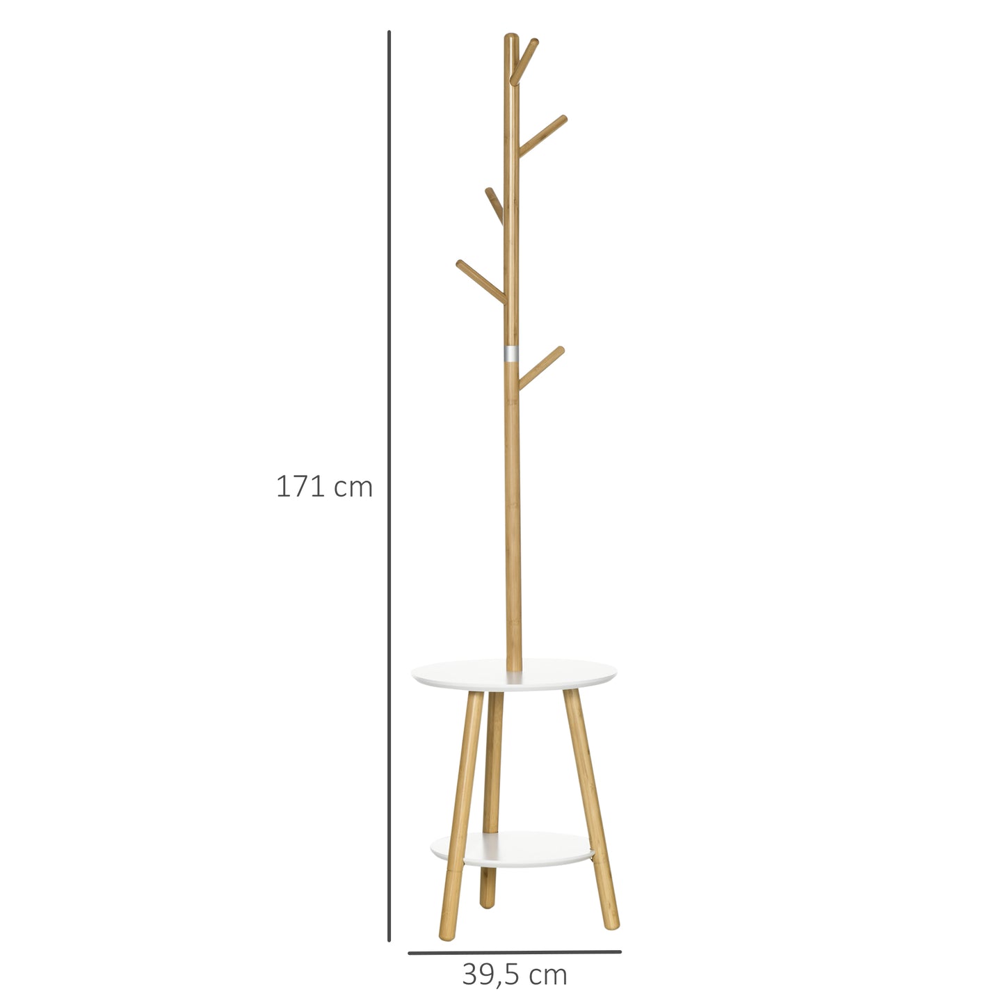 HOMCOM 2 en 1 Perchero de Pie de Bambú Perchero Árbol de Pasillo con 2 Estantes 5 Ganchos para Ropas Bolsas y Marco de Aluminio para Entrada Dormitorio 39,5x39,5x171 cm Natural