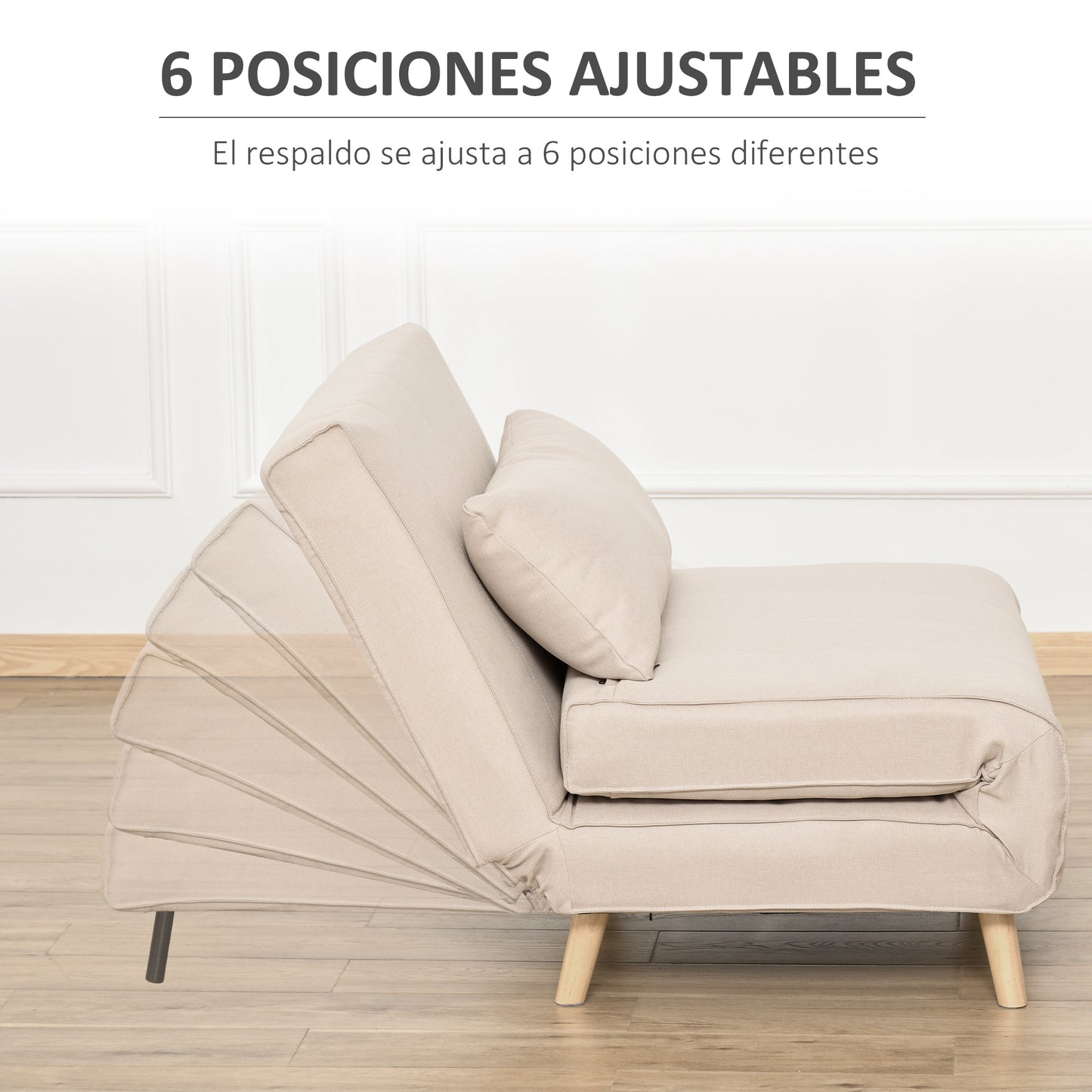 HOMCOM Sofá Cama Convertible Sillón Cama con Respaldo Ajustable en 6 Posiciones Almohada Acolchada Carga 350 kg para Oficina Dormitorio Salón 94x78x80 cm Beige