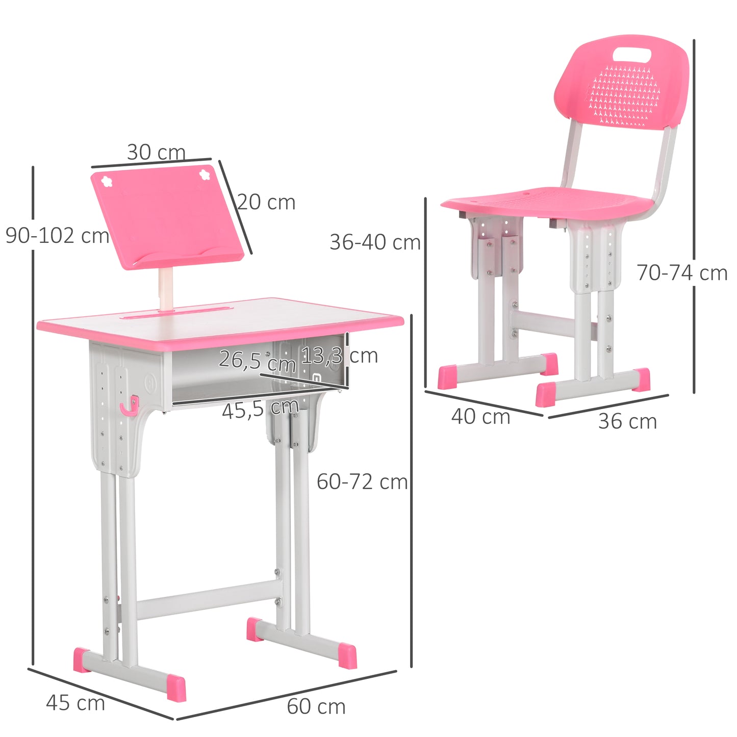 HOMCOM Juego de Escritorio y Silla para Niños de 6-12 Años Pupitre Infantil Altura Ajustable con 1 Cajón 1 Ranura para Lápiz y 1 Estante para Libros Acero 60x45x90-102 cm Rosa