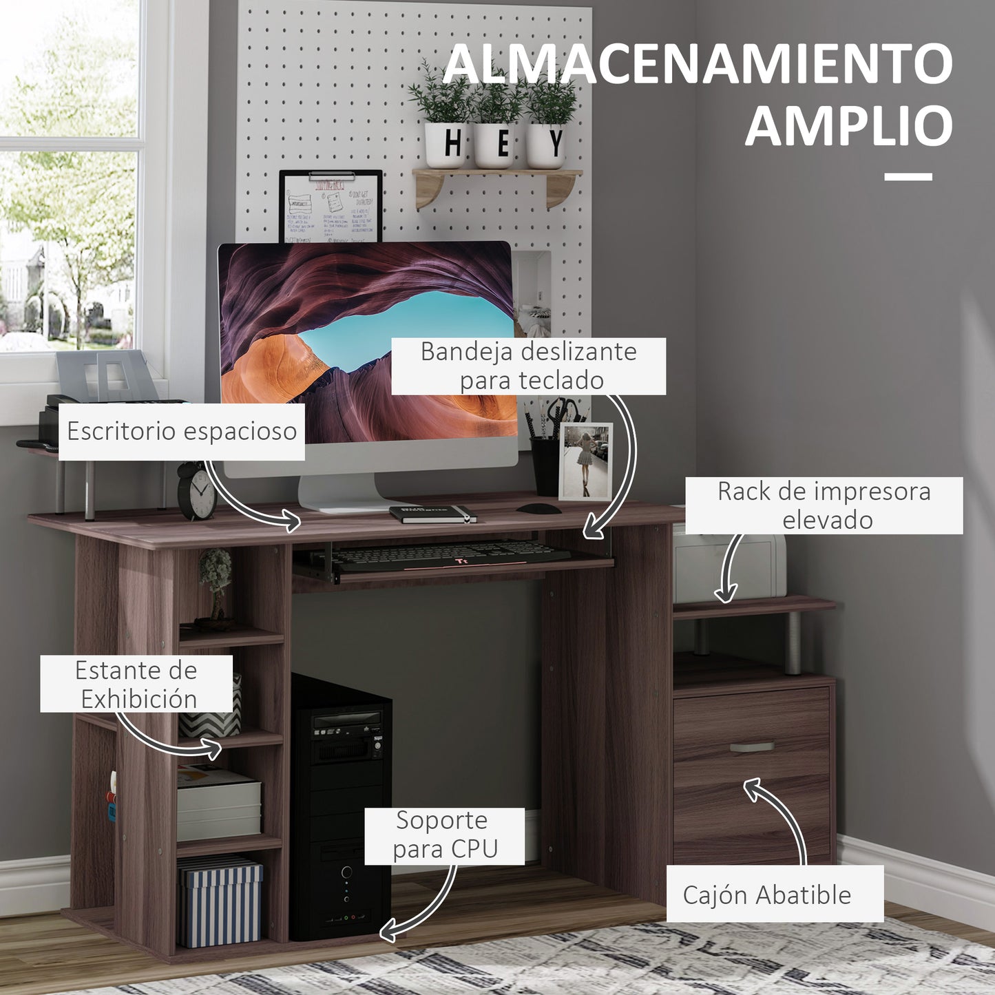 HOMCOM Mesa de Ordenador 120 cm Mesa de Escritorio con Múltiples Estantes Cajón Bandeja de Teclado Soportes para Monitor Impresora y CPU 152x60x88 cm Marrón