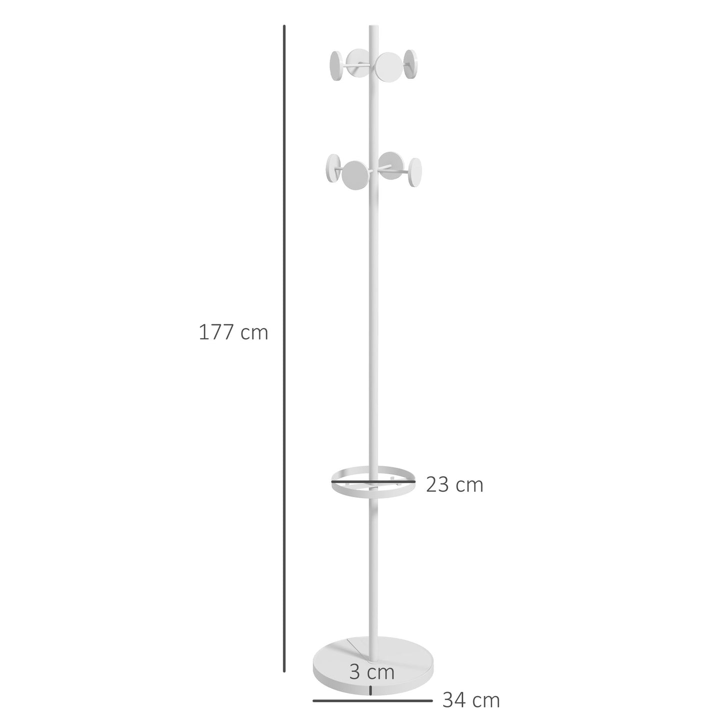 HOMCOM Perchero de Pie con Paragüero Perchero de Pie para Ropa de Metal con 12 Ganchos para Colgar Bolsas Paraguas Forma de Árbol para Pasillo Entrada Dormitorio Ø34x177 cm Blanco