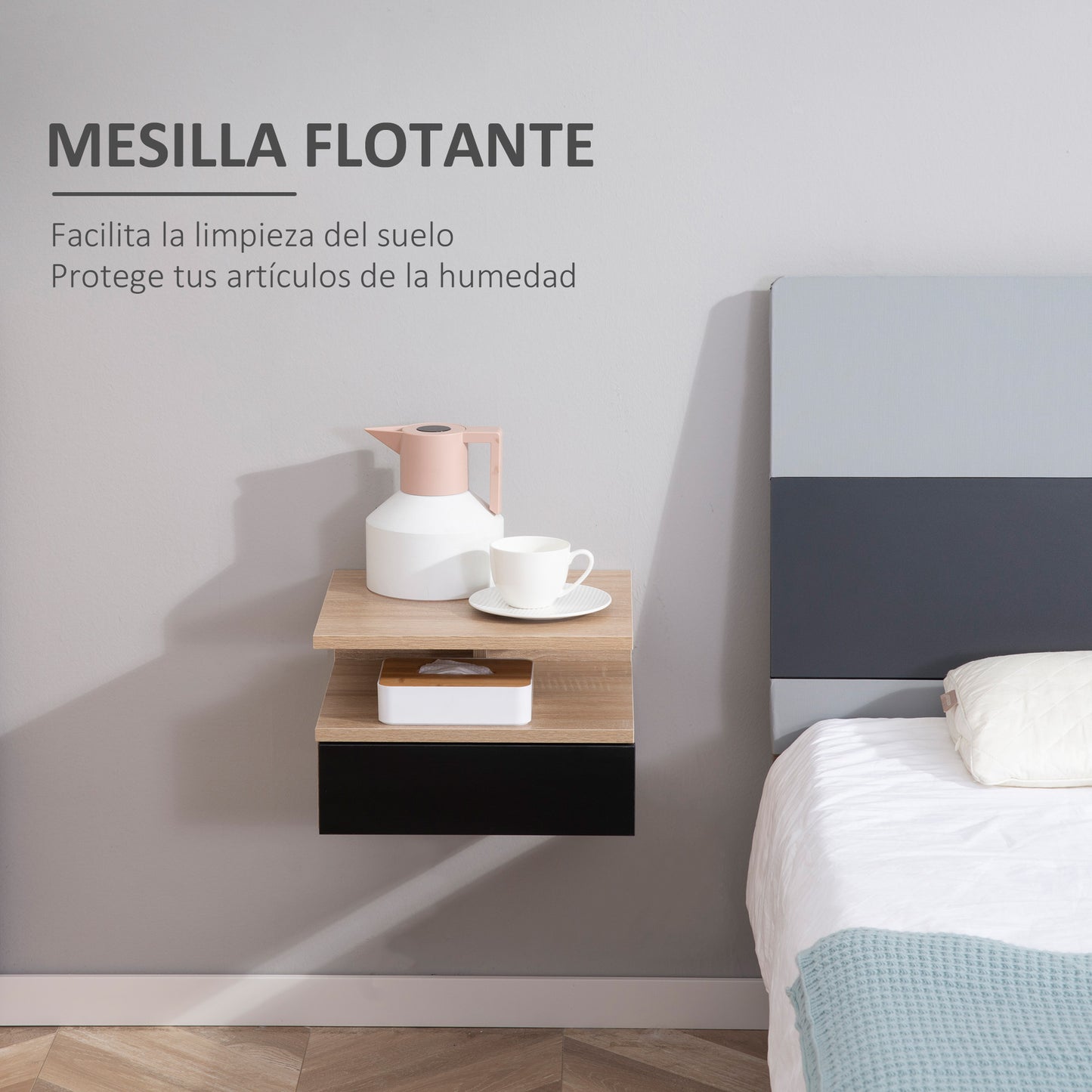 HOMCOM Set de 2 Mesitas de Noche Flotantes con 1 Cajón y Estante Abierto Diseño Moderno Montado en la Pared 35x32x22,5 cm Roble y Negro