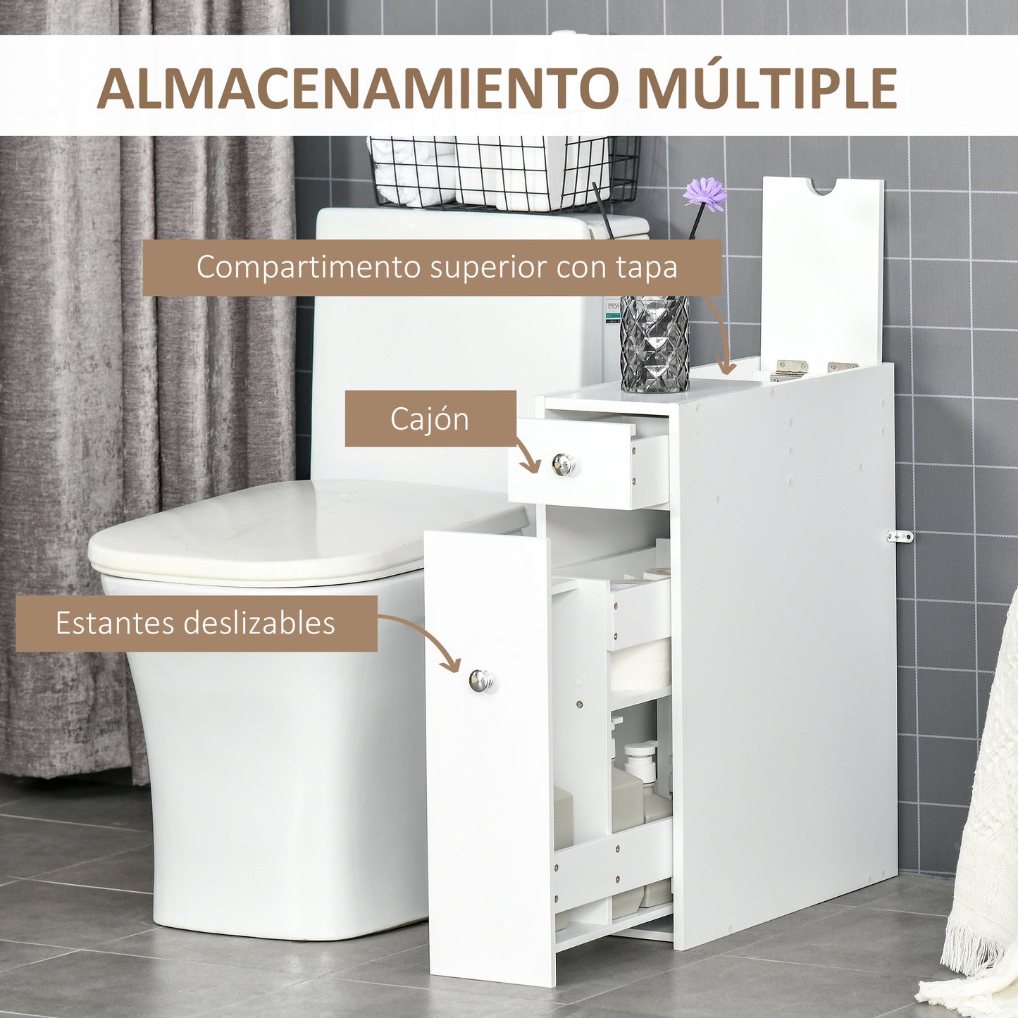 HOMCOM Armario Auxiliar de Baño Mueble de Baño Estrecho con 2 Cajones y Compartimiento Superior con Tapa para Lavabo Ducha 17x48x58 cm Blanco