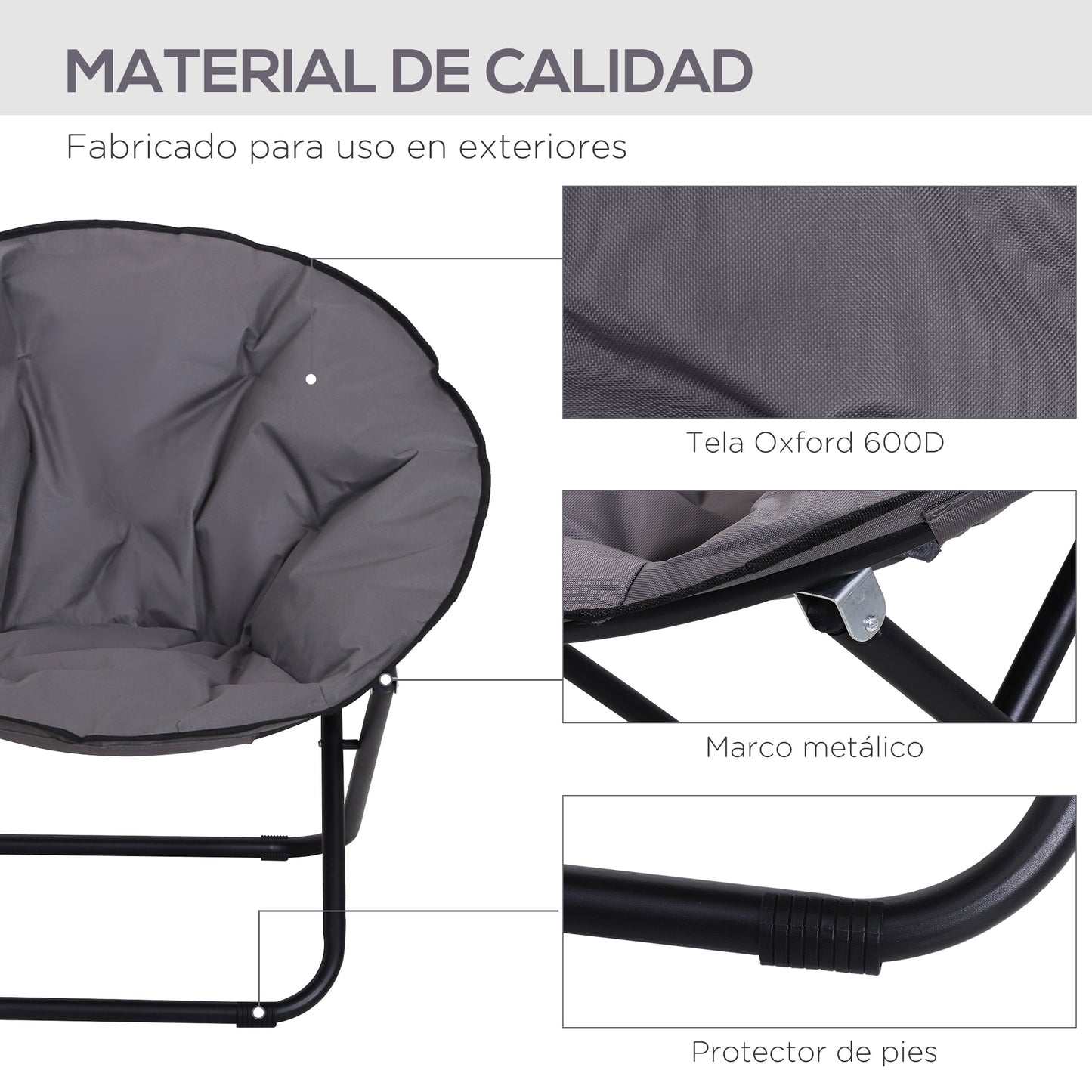 Outsunny Silla de Luna Plegable Silla de Platillo con Asiento de Tela Oxford y Patas de Metal Carga 120 kg para Camping Playa Terraza Patio 80x80x75 cm Gris