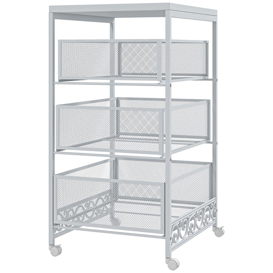 HOMCOM Carrito Auxiliar con Ruedas Carrito de Almacenamiento de 3 Niveles con 3 Cesta de Almacenamiento para Salón Comedor Cocina Baño 34x29,5x57,5 cm Blanco