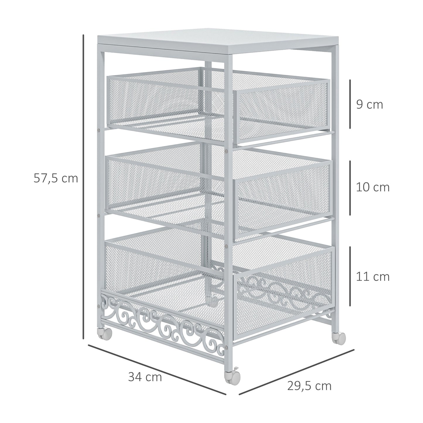 HOMCOM Carrito Auxiliar con Ruedas Carrito de Almacenamiento de 3 Niveles con 3 Cesta de Almacenamiento para Salón Comedor Cocina Baño 34x29,5x57,5 cm Blanco