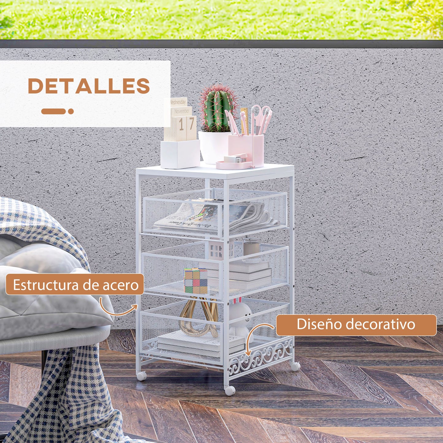 HOMCOM Carrito Auxiliar con Ruedas Carrito de Almacenamiento de 3 Niveles con 3 Cesta de Almacenamiento para Salón Comedor Cocina Baño 34x29,5x57,5 cm Blanco