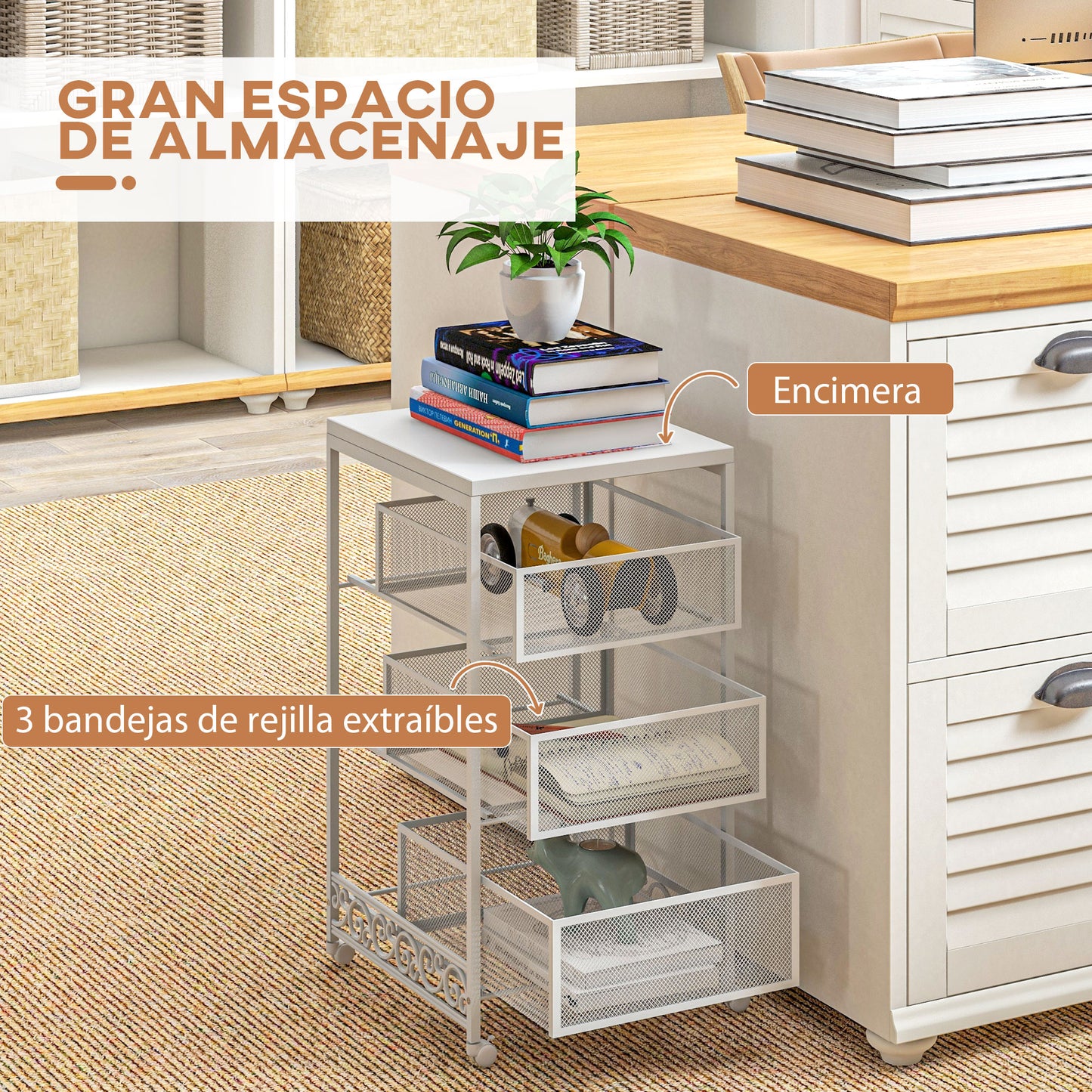 HOMCOM Carrito Auxiliar con Ruedas Carrito de Almacenamiento de 3 Niveles con 3 Cesta de Almacenamiento para Salón Comedor Cocina Baño 34x29,5x57,5 cm Blanco