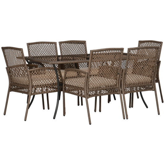 Outsunny Conjunto de Muebles de Jardín de Ratán 7 Piezas Juego de Comedor Exterior Incluye 6 Sillas con Cojines y Mesa de Vidrio Templado Marrón