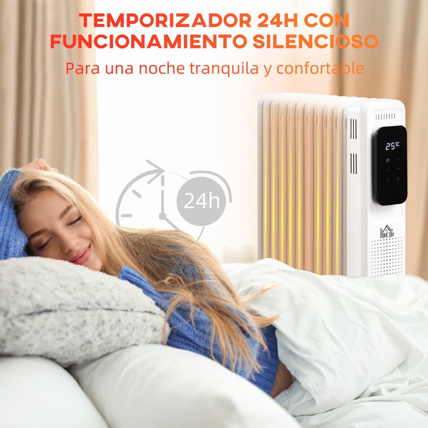 HOMCOM Radiador de Aceite 2180W Calefactor de Aceite 3 Modos con 9 Elementos Pantalla LED Control Táctil Termostato Temporizador 24H y Ruedas Superficie 20 m² 42,5x24x63 cm Blanco