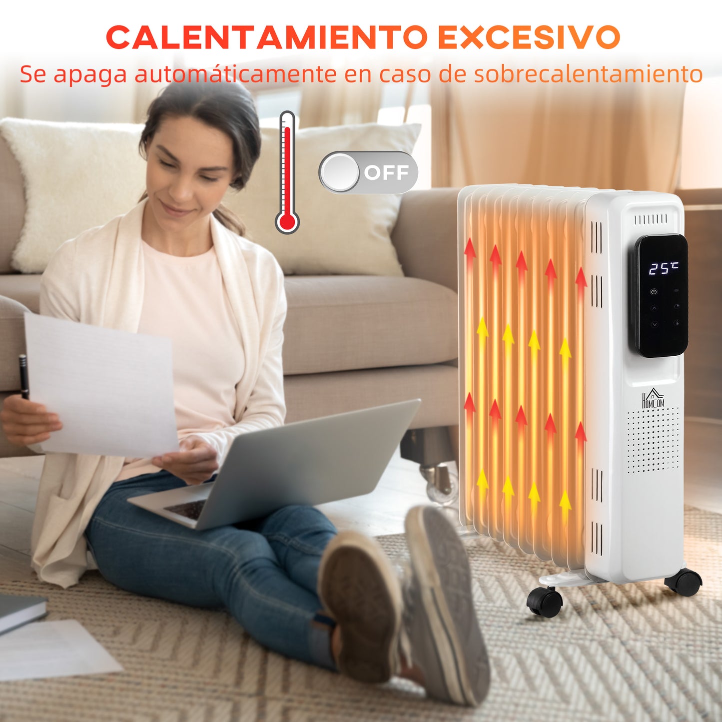 HOMCOM Radiador de Aceite 2180W Calefactor de Aceite 3 Modos con 9 Elementos Pantalla LED Control Táctil Termostato Temporizador 24H y Ruedas Superficie 20 m² 42,5x24x63 cm Blanco