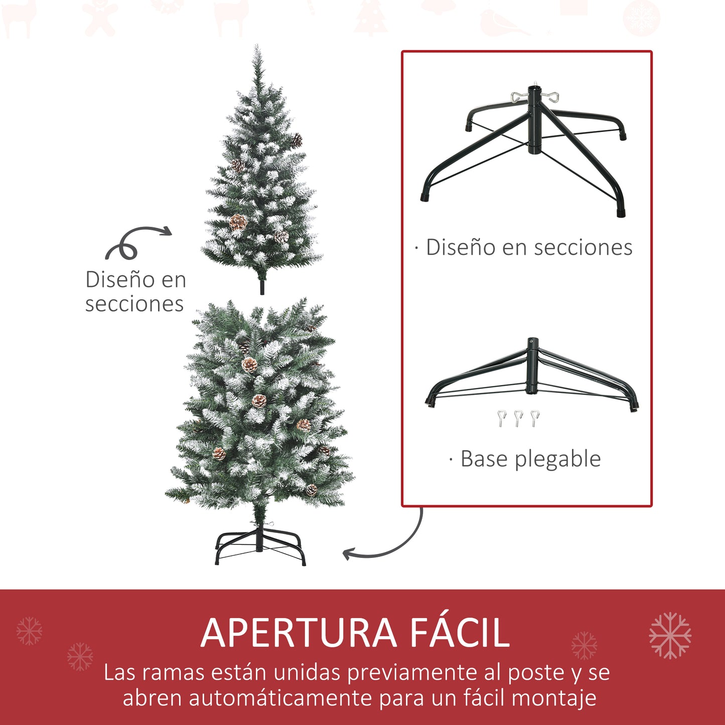 HOMCOM Árbol de Navidad Artificial Ø69x150cm con 464 Puntas de PVC y 28 Piñas Decoración de Interior con Base Plegable y Soporte de Acero Verde