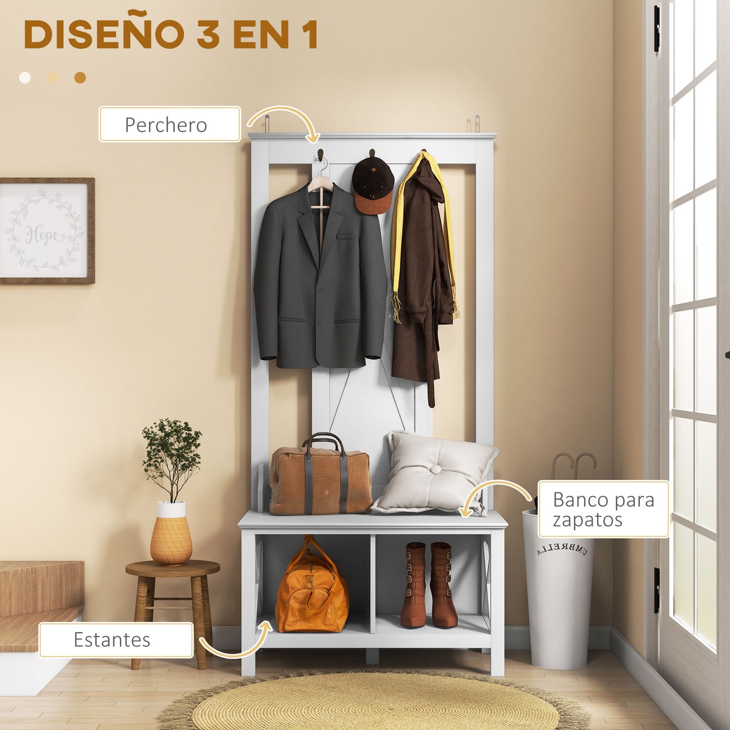 HOMCOM Perchero con Zapatero de Madera Perchero con Banco Incluye 2 Estantes y 3 Ganchos para Colgar Ropas Bolsos para Recibidor Entrada Pasillo 80,5x40x168 cm Blanco