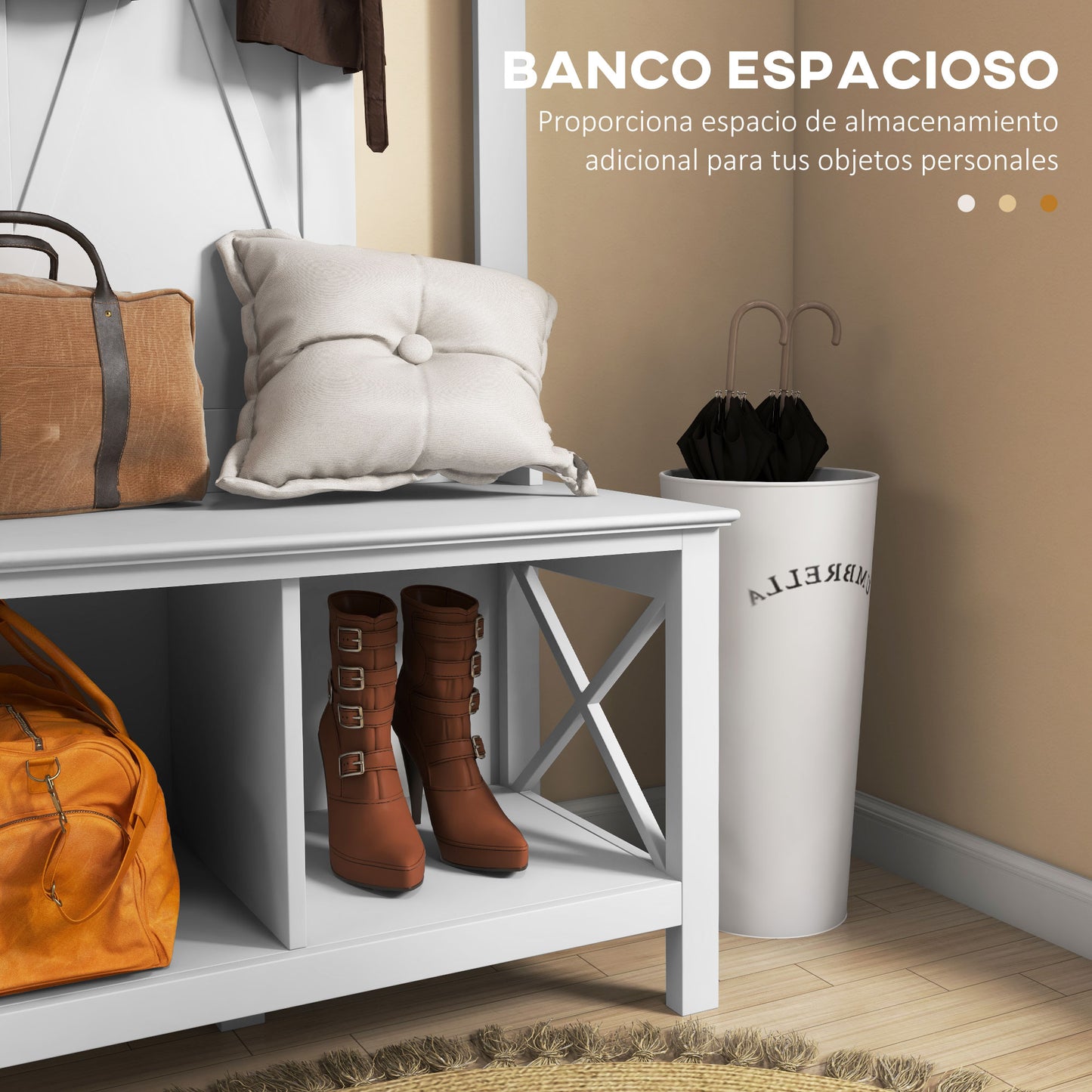 HOMCOM Perchero con Zapatero de Madera Perchero con Banco Incluye 2 Estantes y 3 Ganchos para Colgar Ropas Bolsos para Recibidor Entrada Pasillo 80,5x40x168 cm Blanco