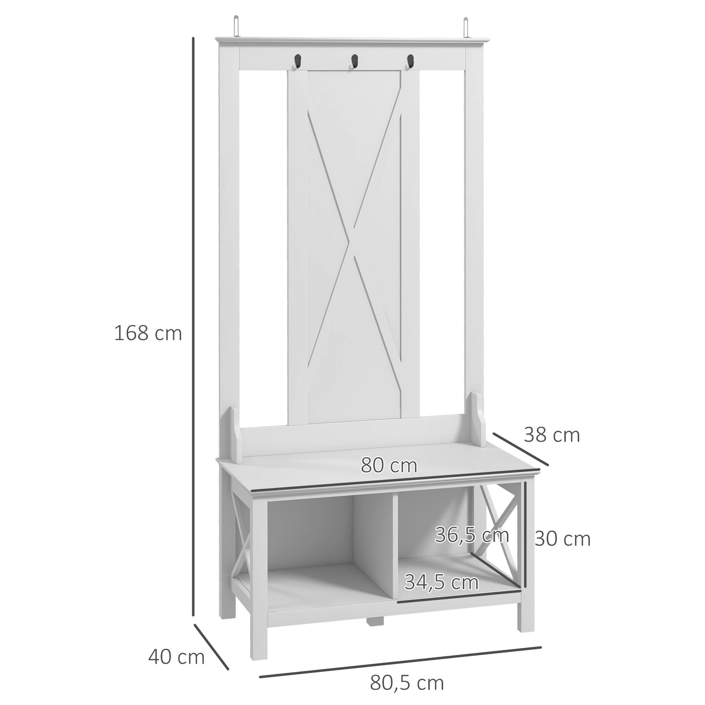 HOMCOM Perchero con Zapatero de Madera Perchero con Banco Incluye 2 Estantes y 3 Ganchos para Colgar Ropas Bolsos para Recibidor Entrada Pasillo 80,5x40x168 cm Blanco