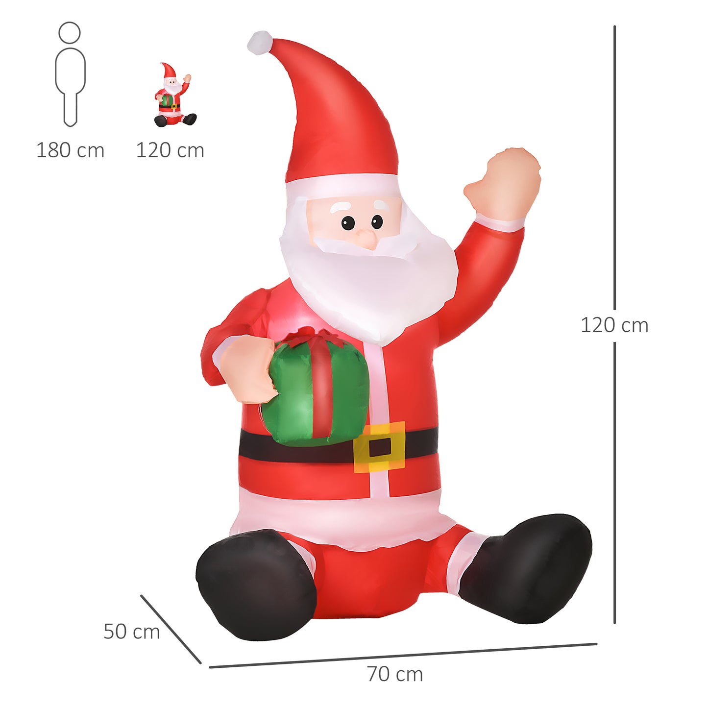 HOMCOM Papá Noel Hinchable 1.2m Santa Claus Inflable con Regalo Decoración Navidad Iluminación LED con Inflador Apto Interior Exterior