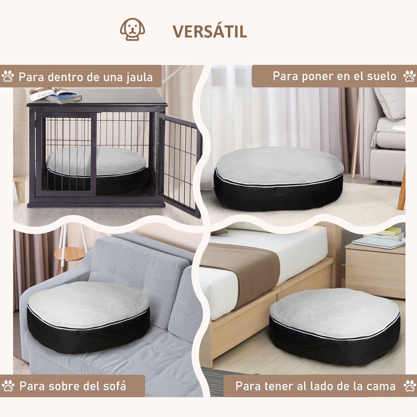 PawHut Cama para Perros y Gatos Lavable Colchón para Perros Medianos con Funda Desenfundable de Tela Oxford y Felpa Suave 80x72x18 cm Gris y Negro