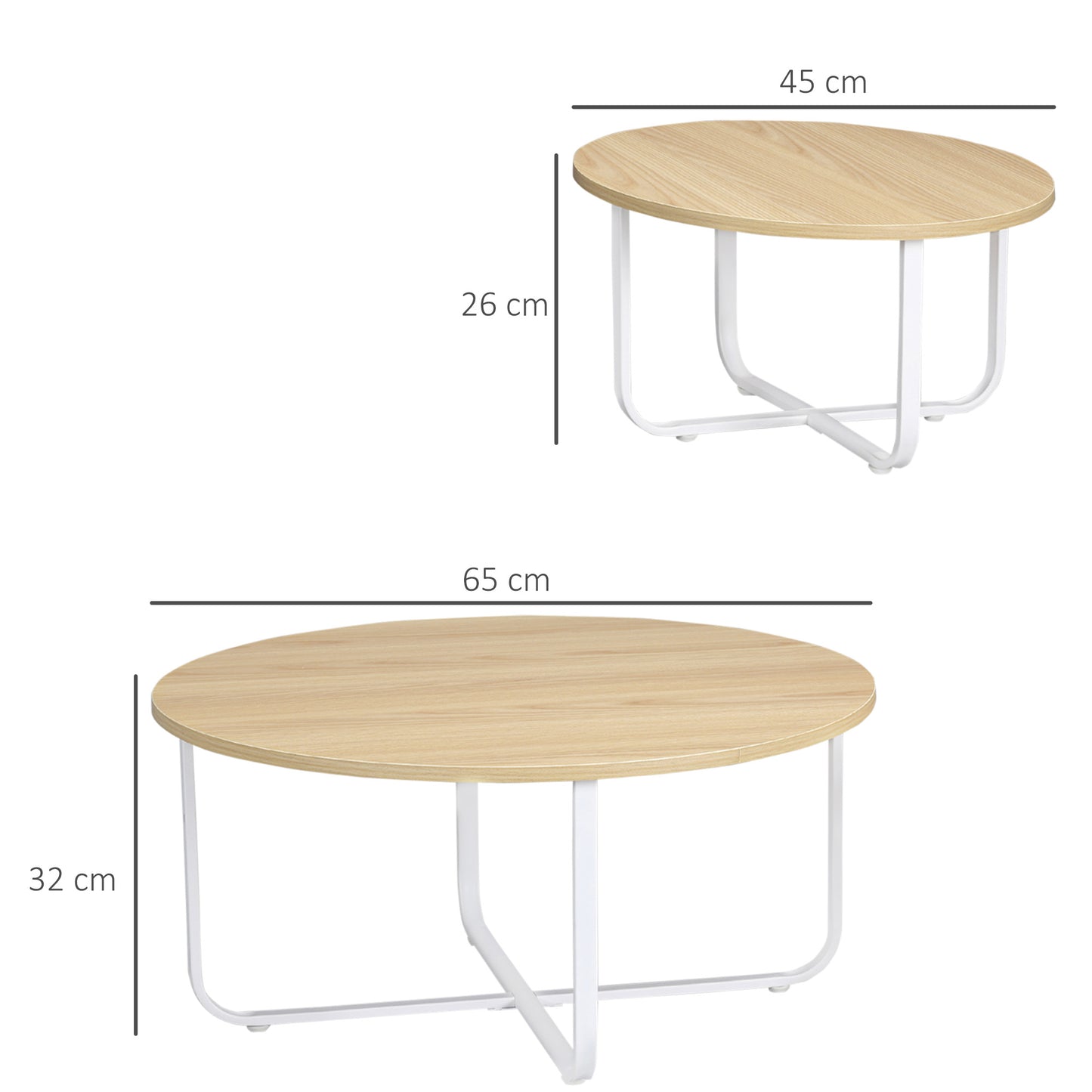 HOMCOM Juego de 2 Mesas de Centro Ø65x32 cm y Ø45x26 cm Mesas de Salón Redondas con Encimera de Madera y Patas de Metal para Domitorio Natural y Blanco