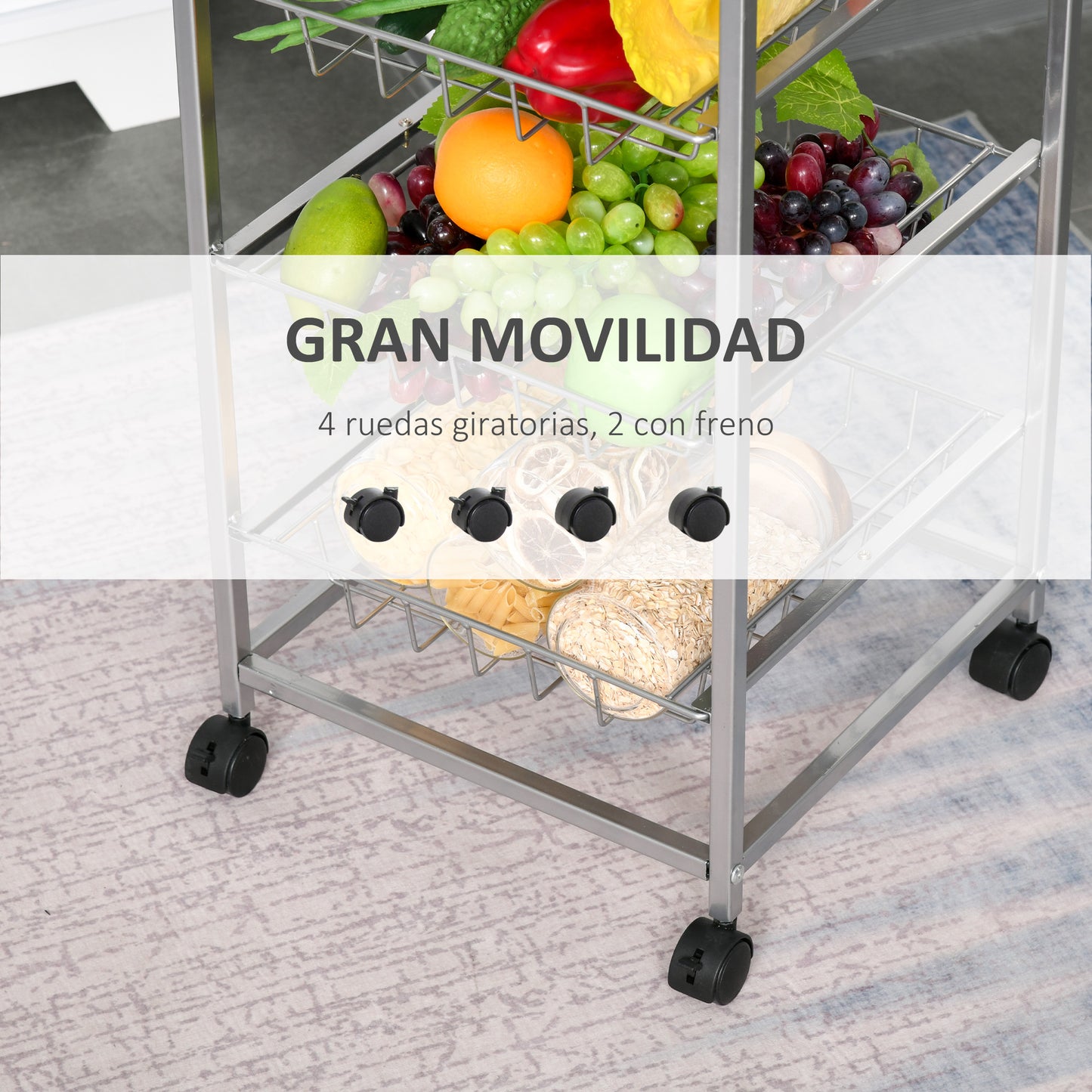 HOMCOM Carro Múltiusos de Cocina Baño con Ruedas 5 Niveles Carrito de Servicio Isla de Cocina Carrito Auxiliar Verdulero Frutero 36.5x36.5x89cm Carga 20kg