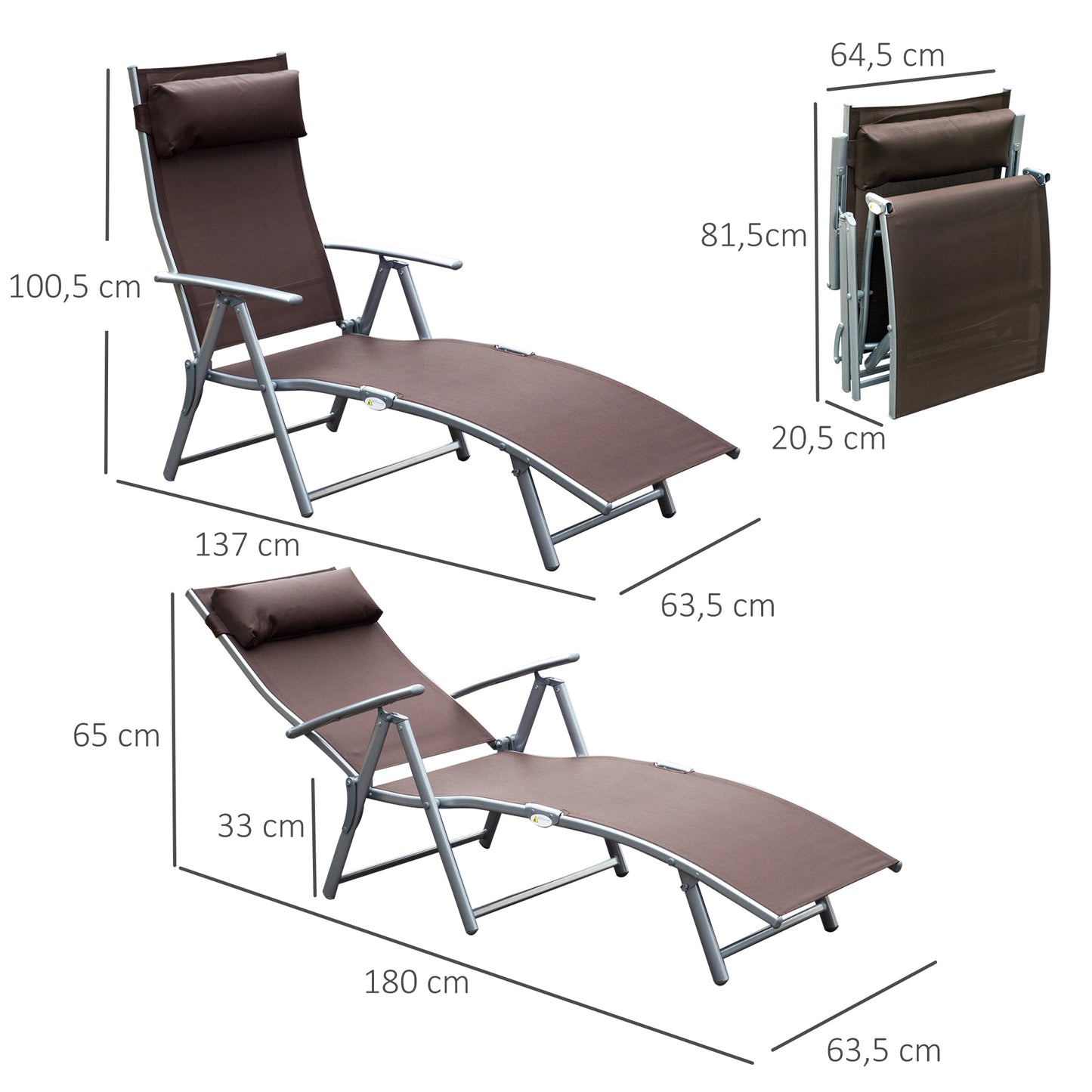 Outsunny Tumbona Plegable Tumbona de Jardín con Respaldo Ajustable en 7 Niveles Almohada y Reposabrazos Carga 165 kg para Piscina Terraza Camping 137x63,5x100,5 cm Marrón